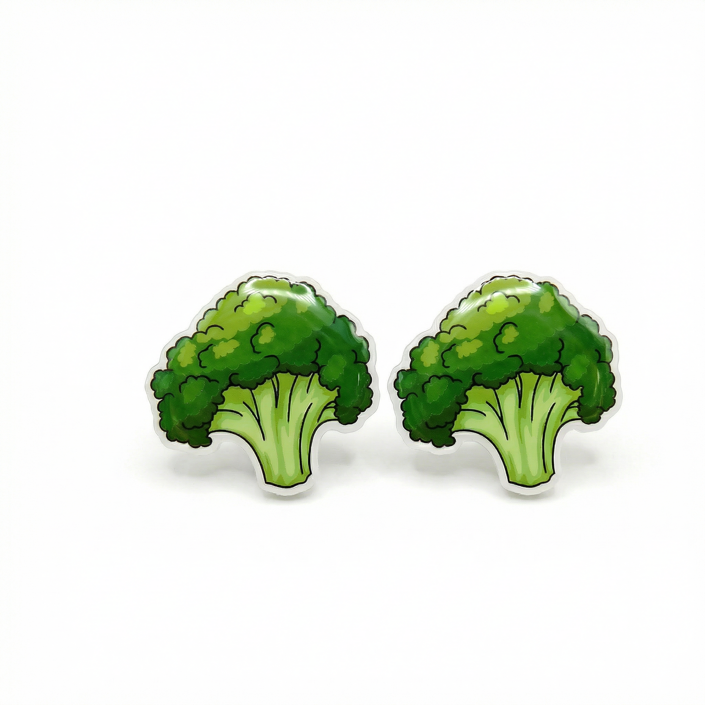 Pair of green broccoli-shaped earrings on a white background