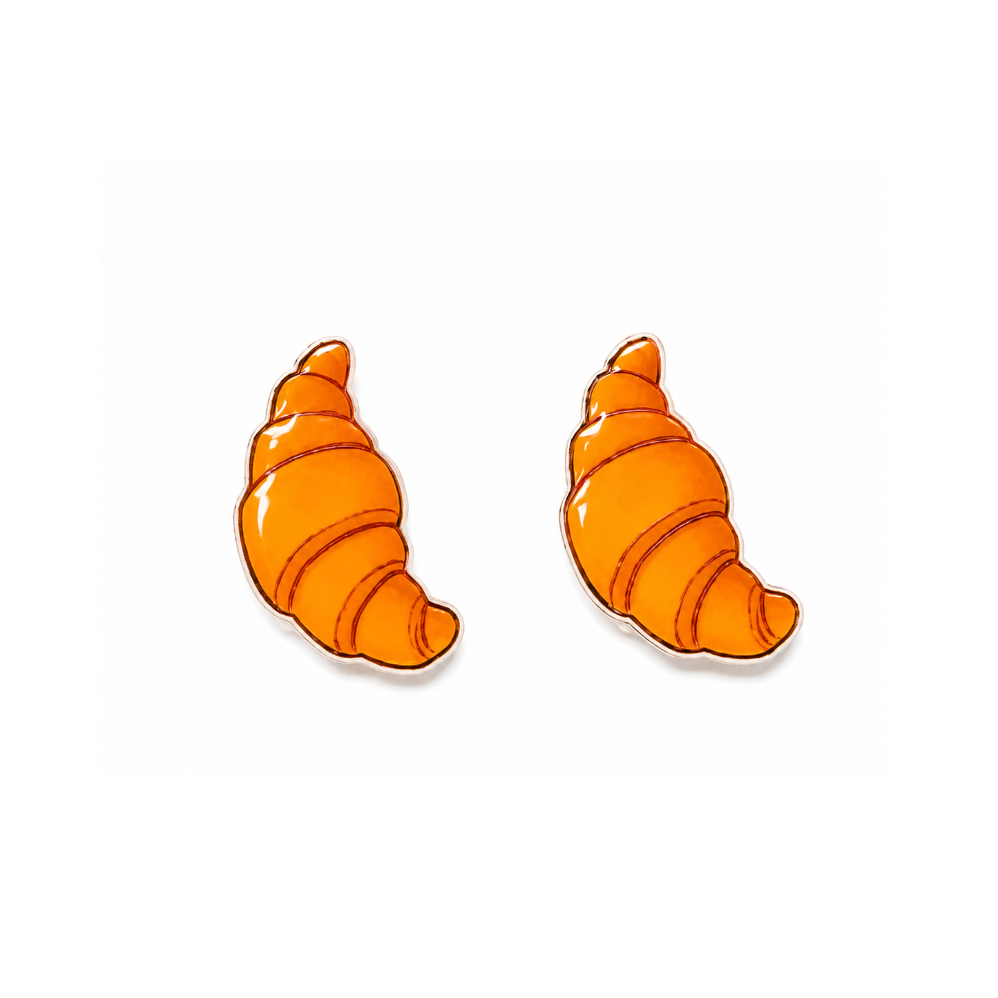 A pair of crescent-shaped stud earrings designed to look like orange croissants, shown on a plain white background.