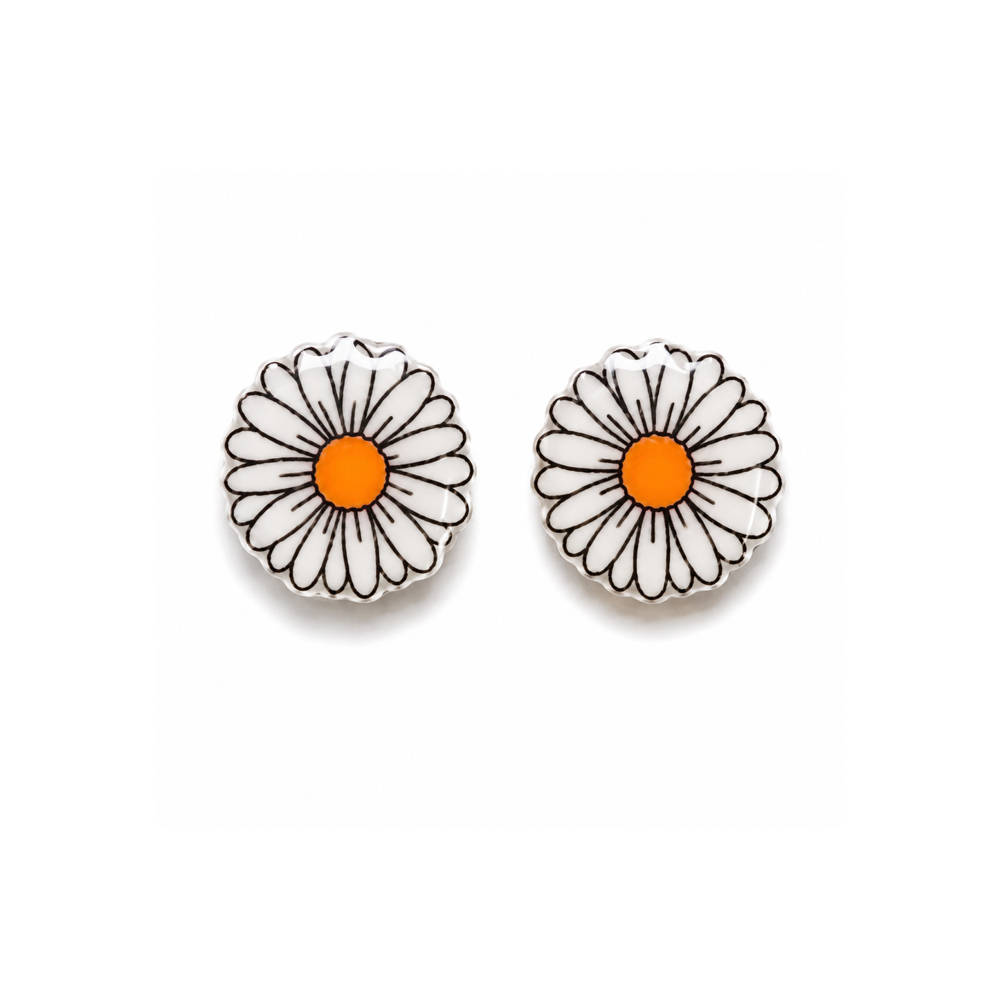 A pair of white daisy stud earrings with black outlines and bright orange centers, displayed on a clean white background.