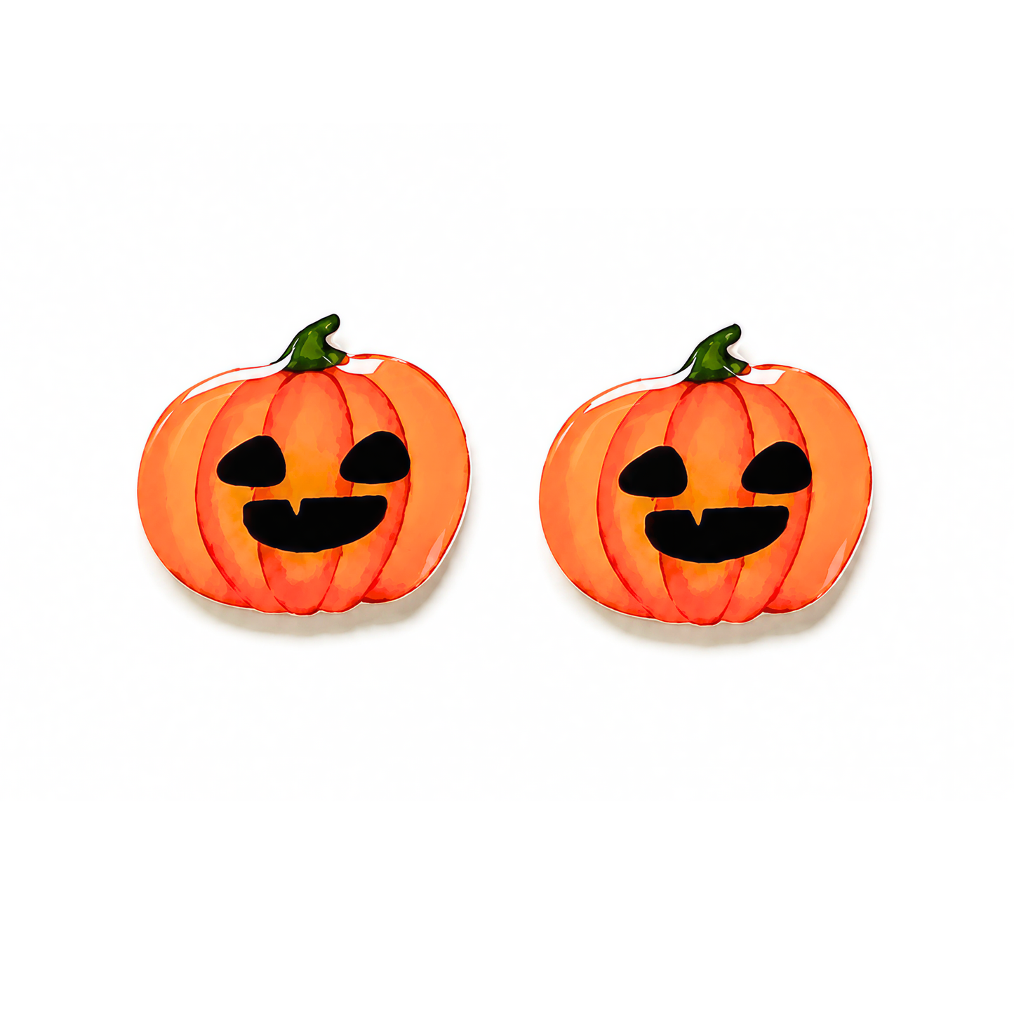 Two small orange jack-o'-lantern stud earrings pumpkin shapes with carved black faces and green stems, shown side by side on a plain white background.