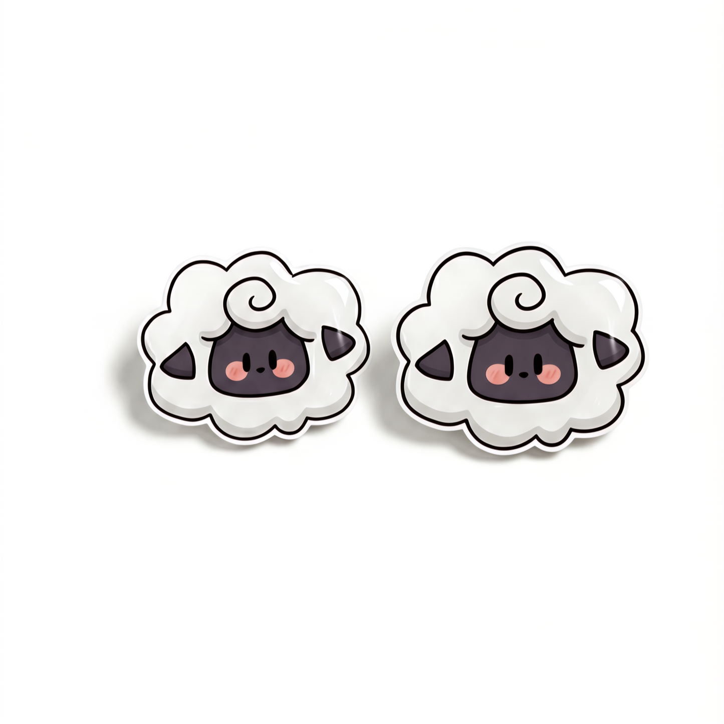 A pair of cute cartoon sheep stud earrings with fluffy white wool, dark gray faces, and pink cheeks on a clean white background.
