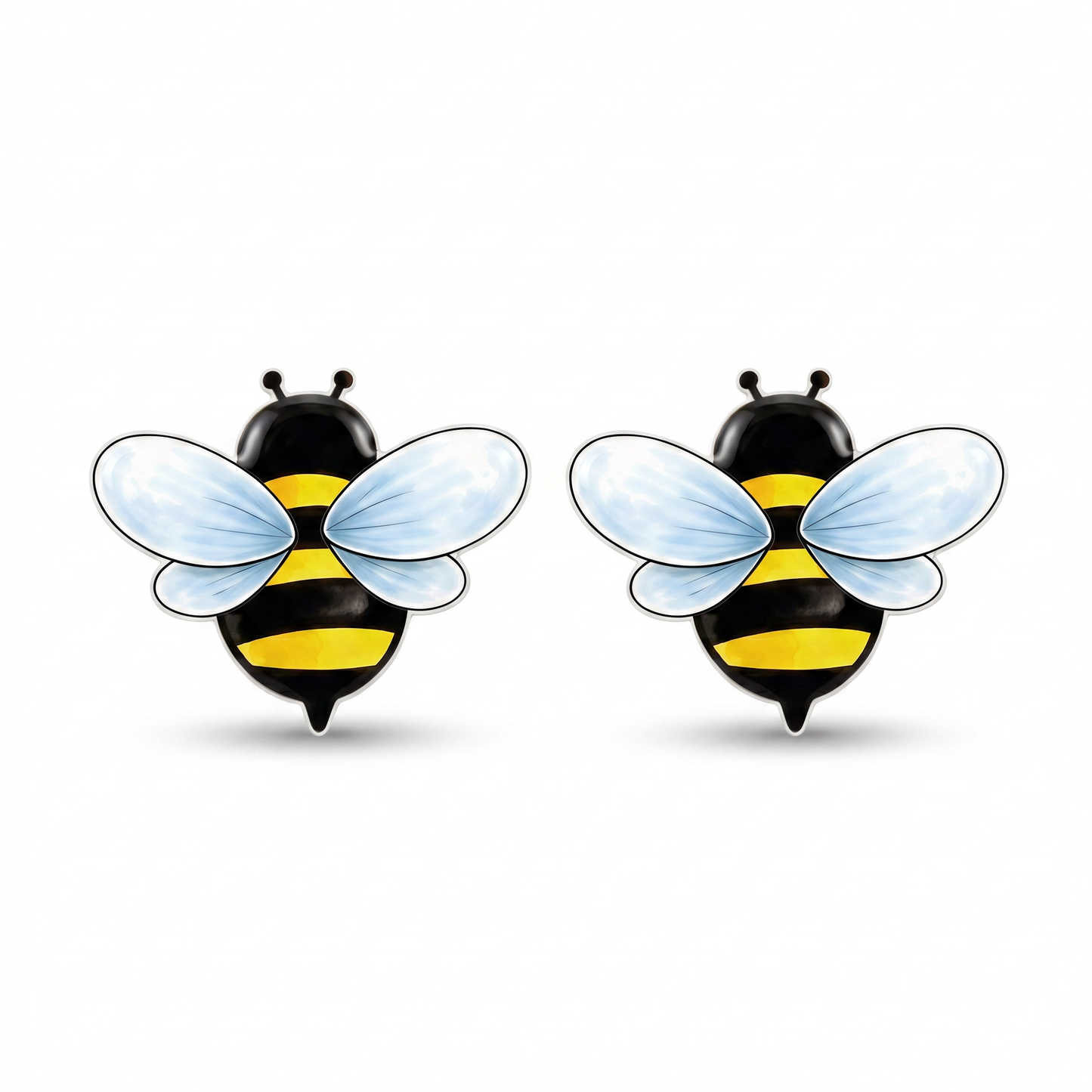 A pair of bee-shaped stud earrings with black and yellow striped bodies, light blue translucent wings, and small black antennae, shown on a plain white background.