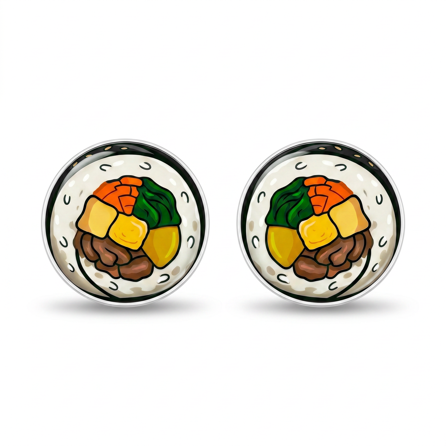 A pair of round titanium stud earrings featuring a colorful cartoon sushi design with rice, vegetables, and filling, set in a silver-tone metal frame on a white background.