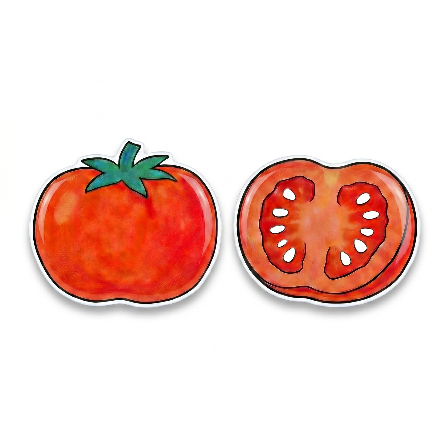 Two tomato-shaped titanium stud earrings on a white background, one showing a whole tomato with a green stem and the other showing a cross-section of a tomato.
