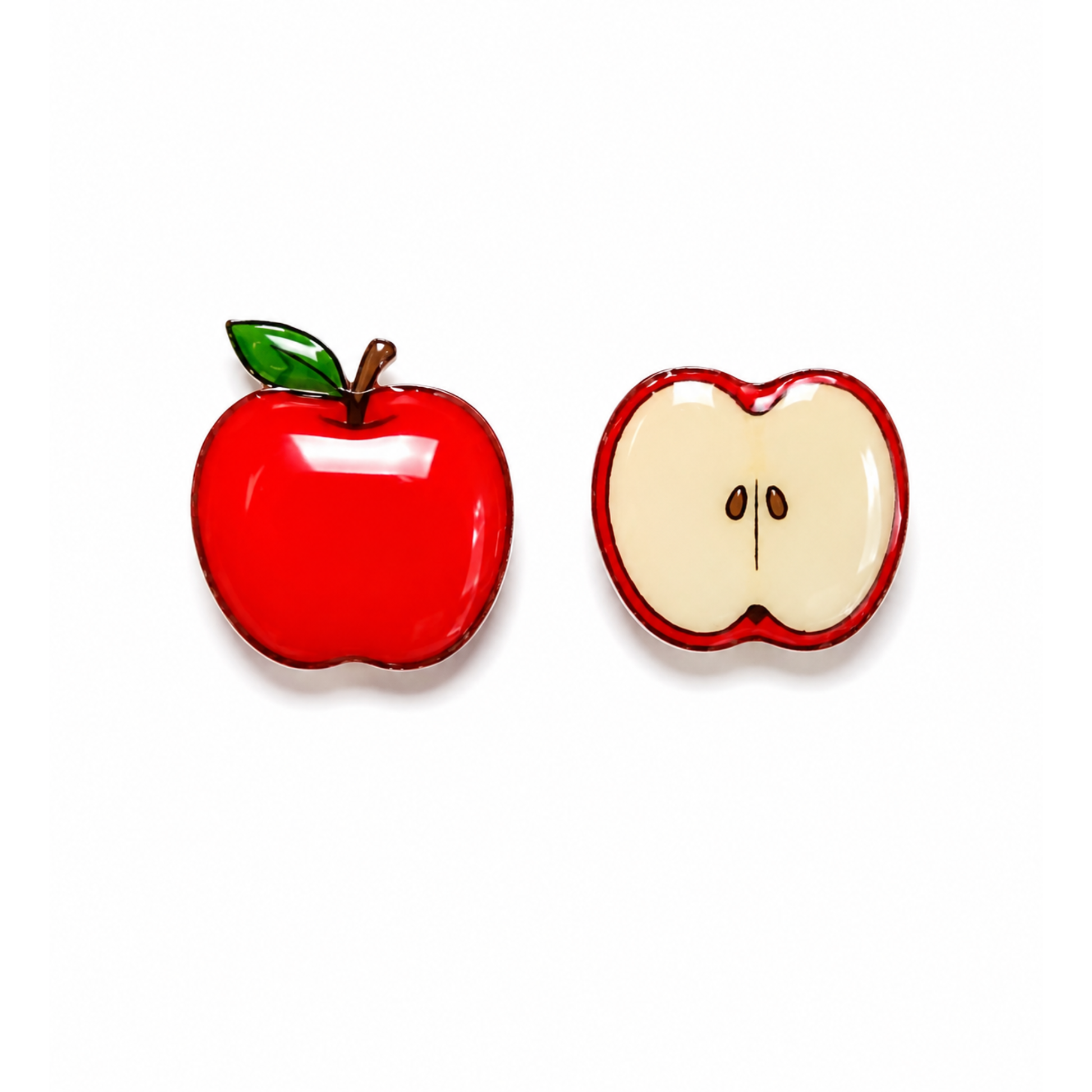 Two apple-shaped titanium stud earrings on a white background, one whole red apple with a green leaf and brown stem, and one cross-section of a red apple showing cream-colored flesh.
