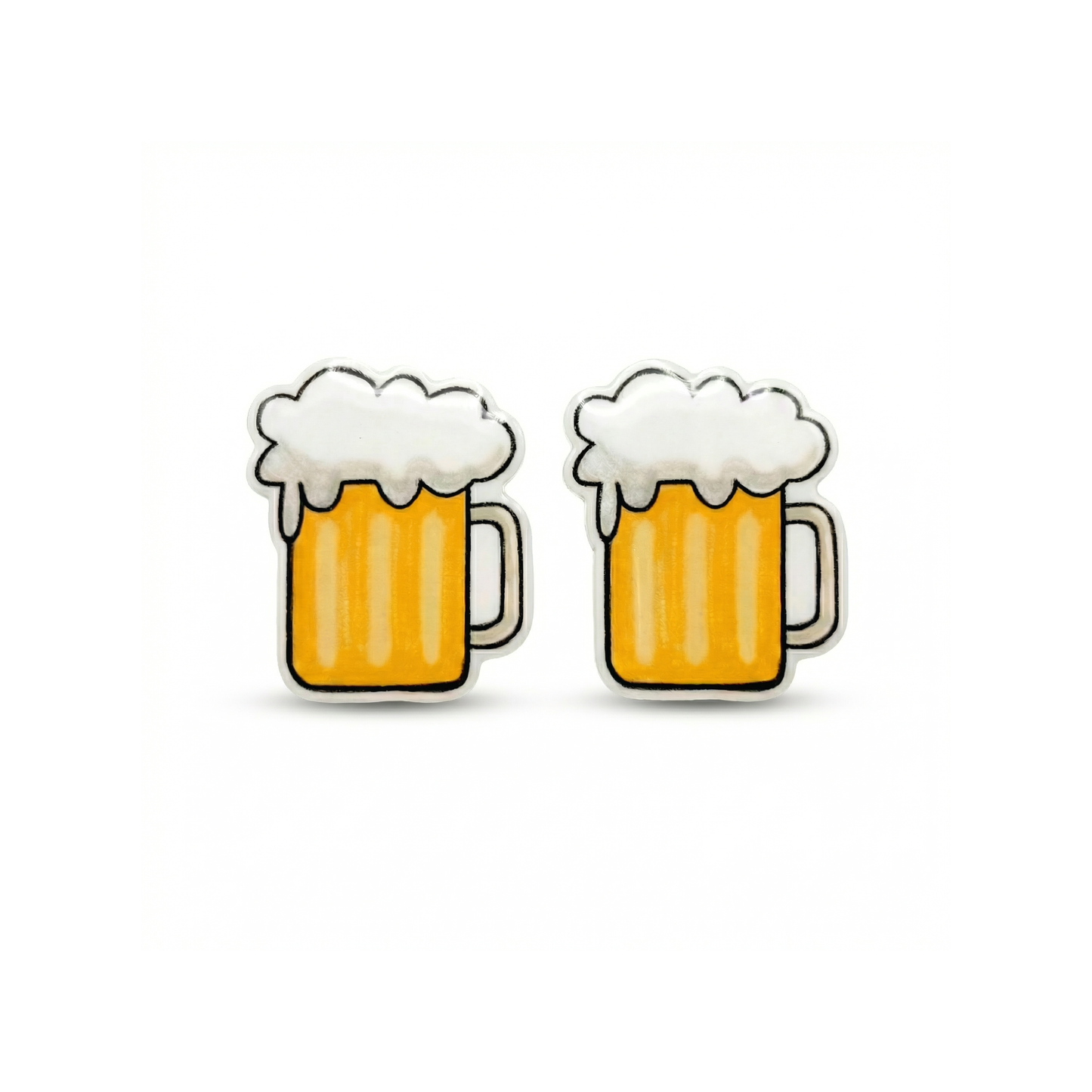 A pair of beer mugs titanium stud earrings, featuring yellow-orange beer, white foam, and silver metal outlines on a white background.