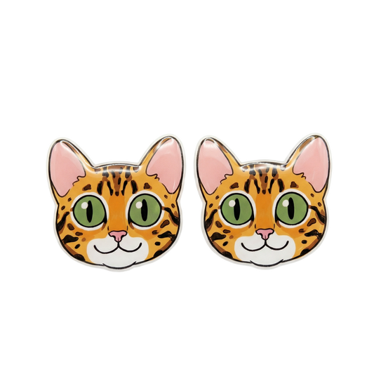 bengal cat stud earrings (green eyes) with hypoallergenic titanium posts - nickel-free for sensitive ears, cute gift