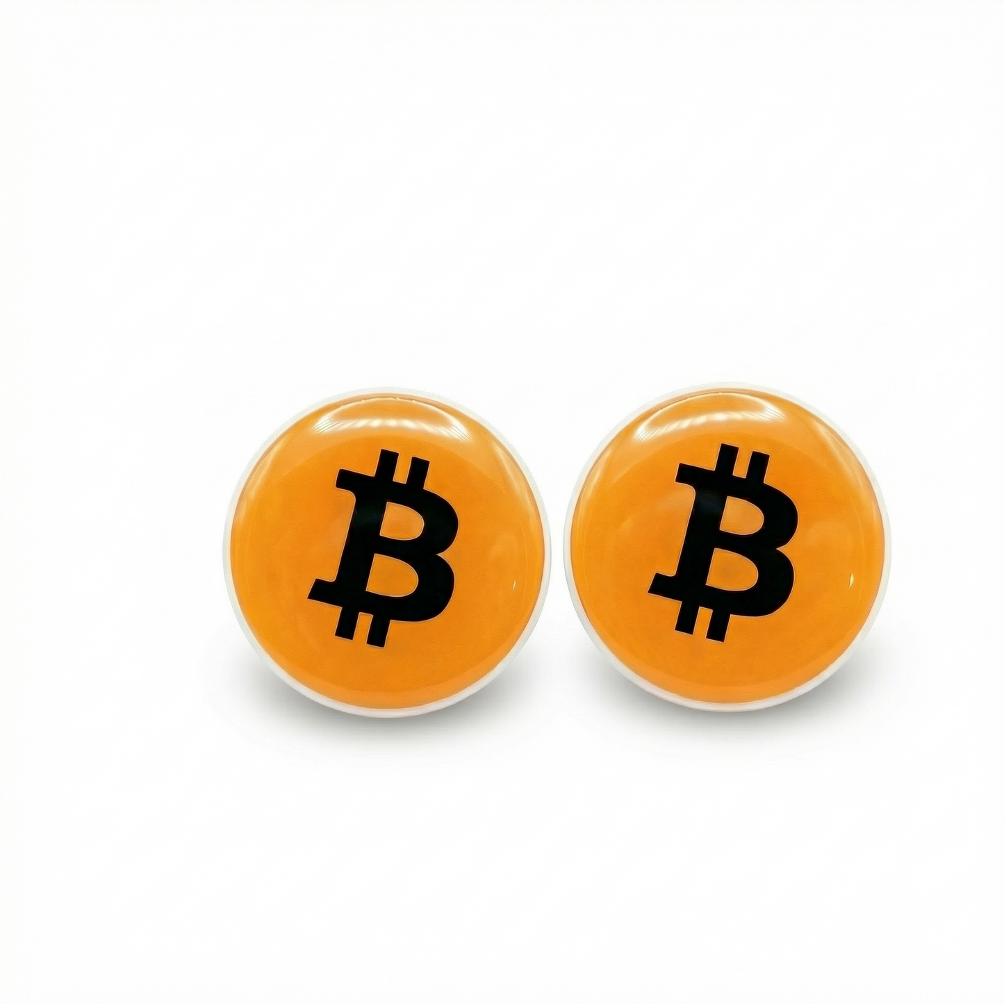Two orange round earrings with Bitcoin symbol on a white background