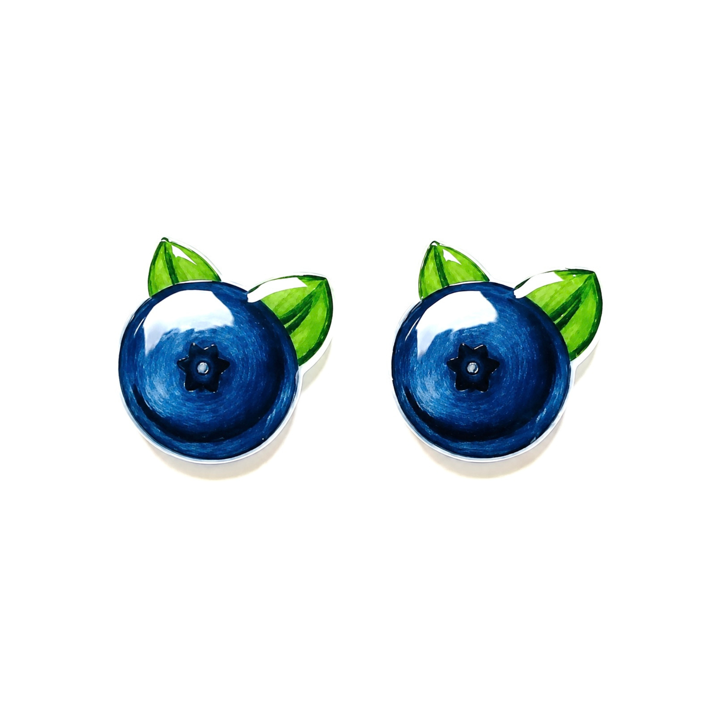 A pair of stud earrings shaped like blueberries, featuring glossy dark blue berries with green leaves, shown on a plain white background.