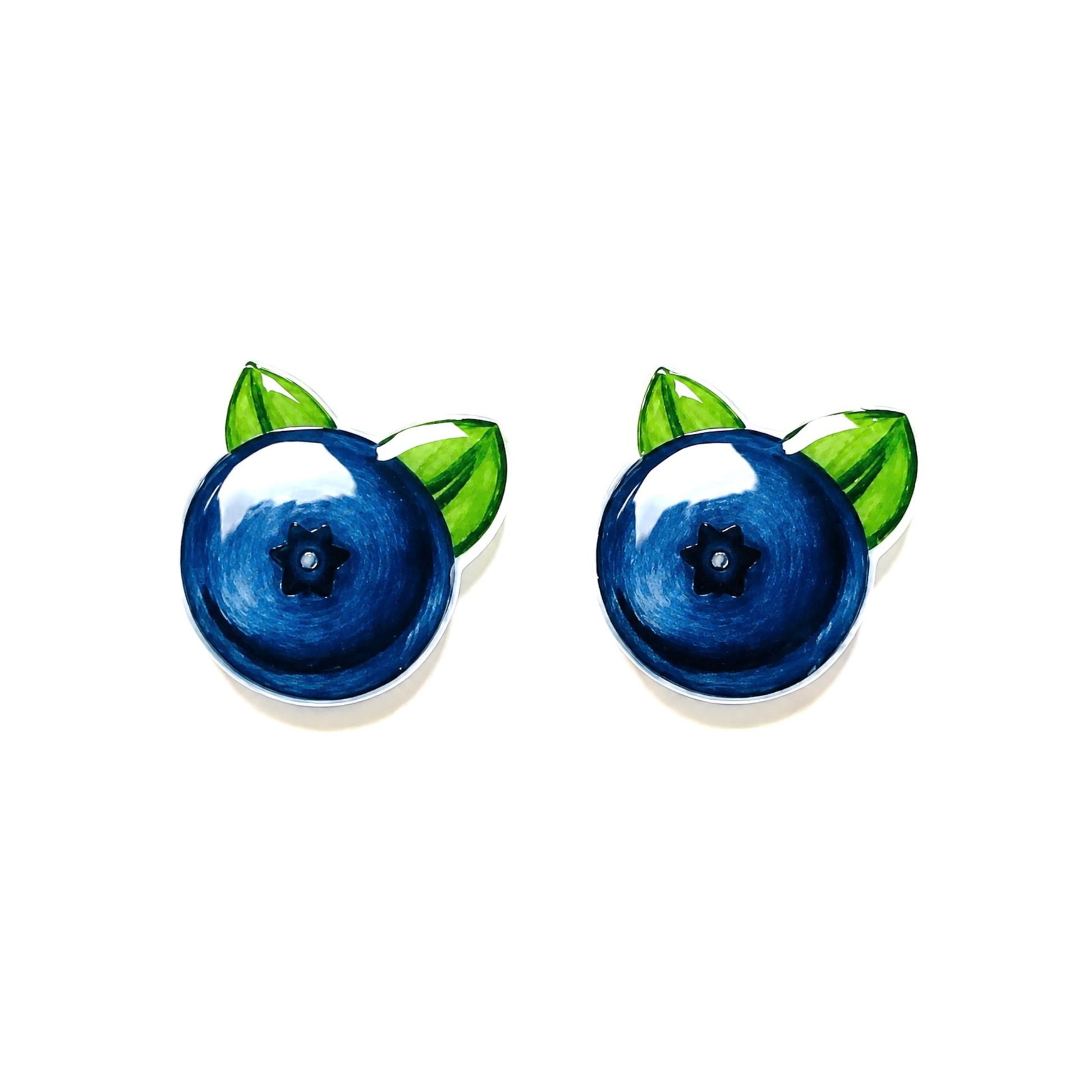 A pair of stud earrings shaped like blueberries, featuring glossy dark blue berries with green leaves, shown on a plain white background.