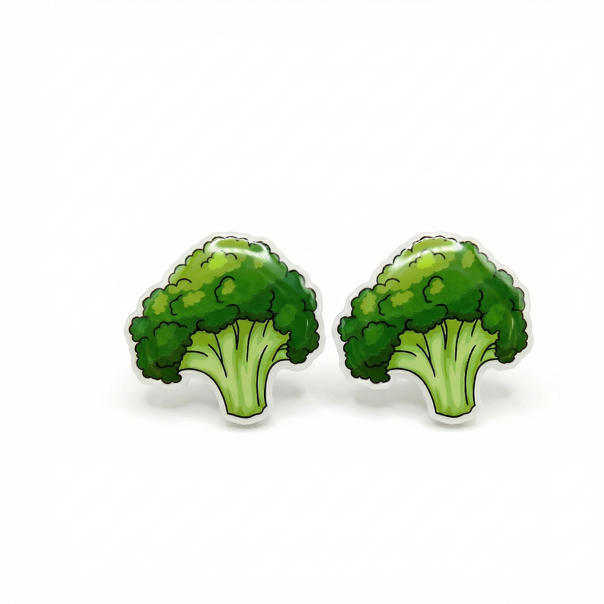 Pair of green broccoli-shaped earrings on a white background