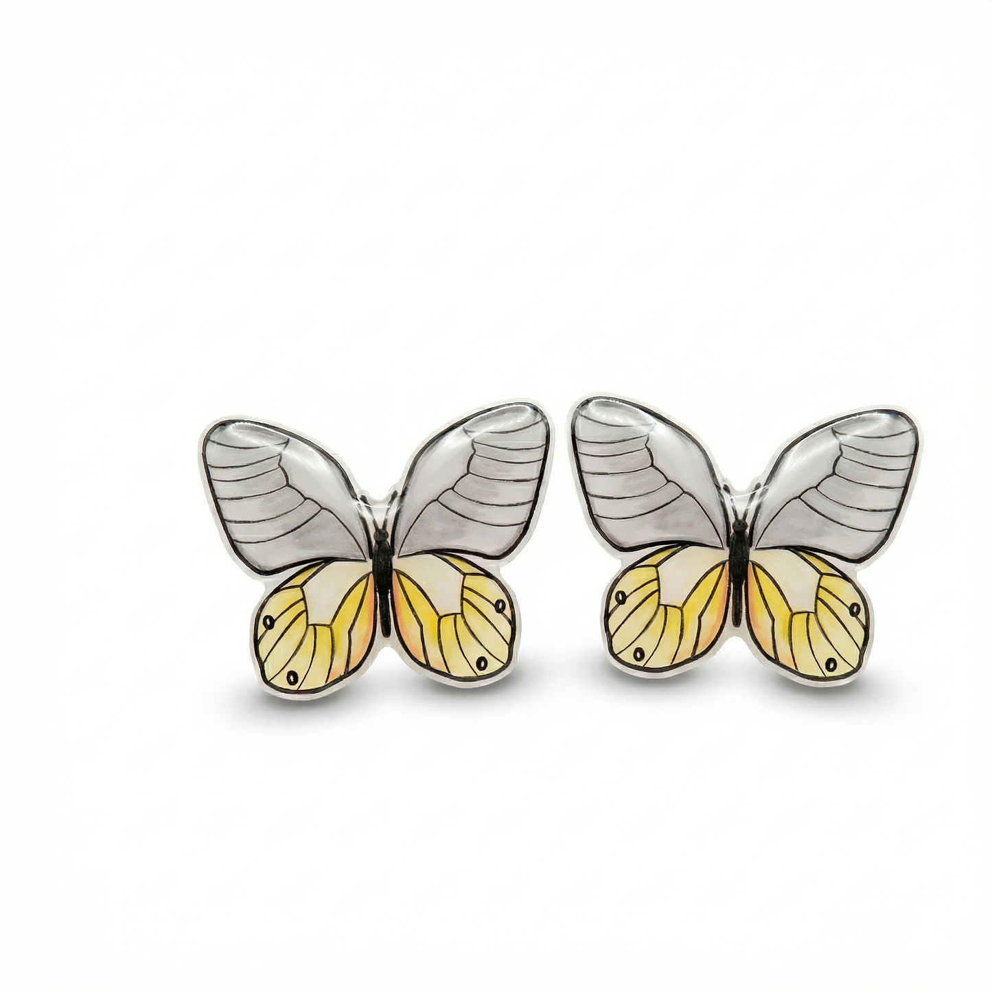 Butterfly-shaped earrings with yellow and black details on a white background
