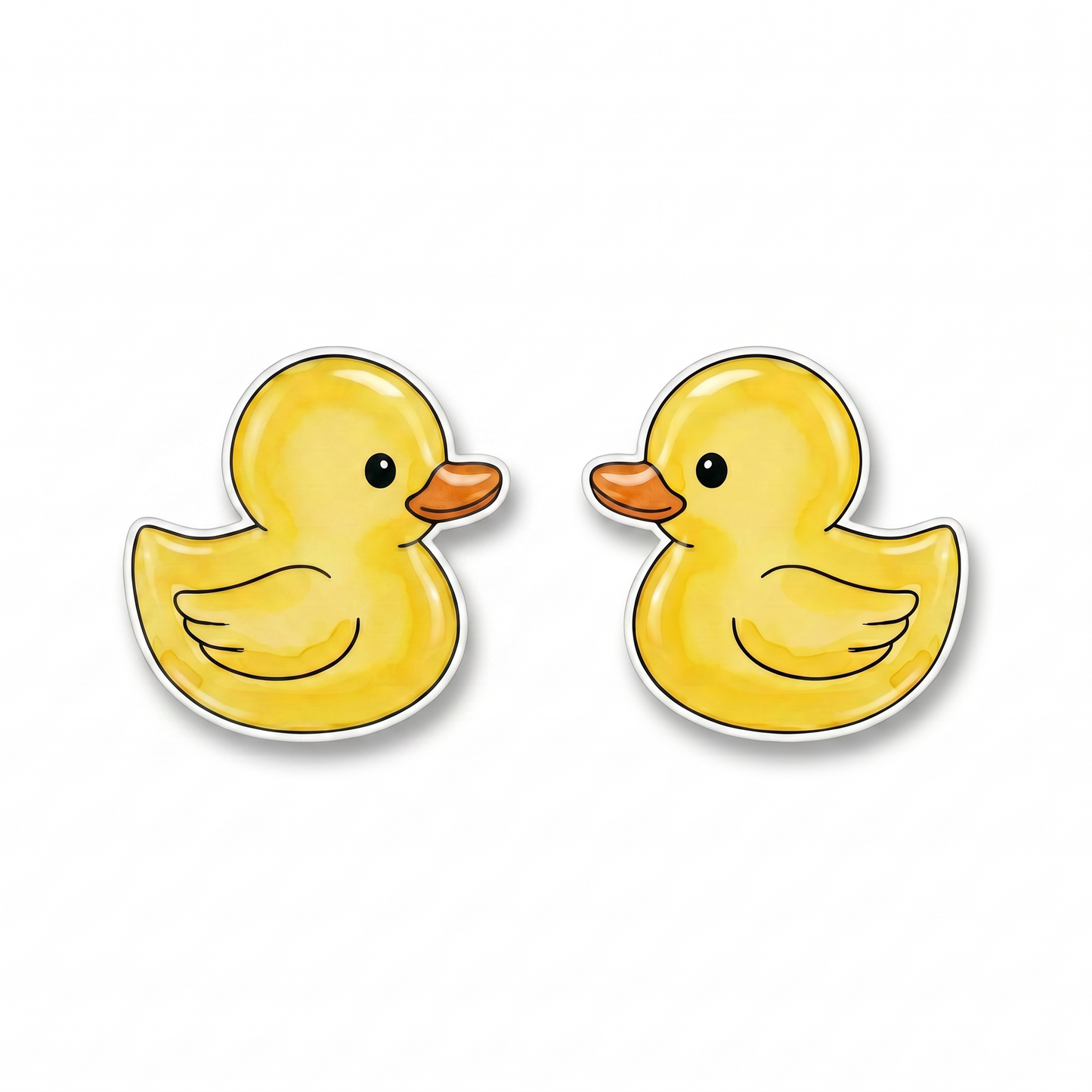 Two yellow rubber duck sticker shapes with orange beaks, shown side by side on a plain white background.