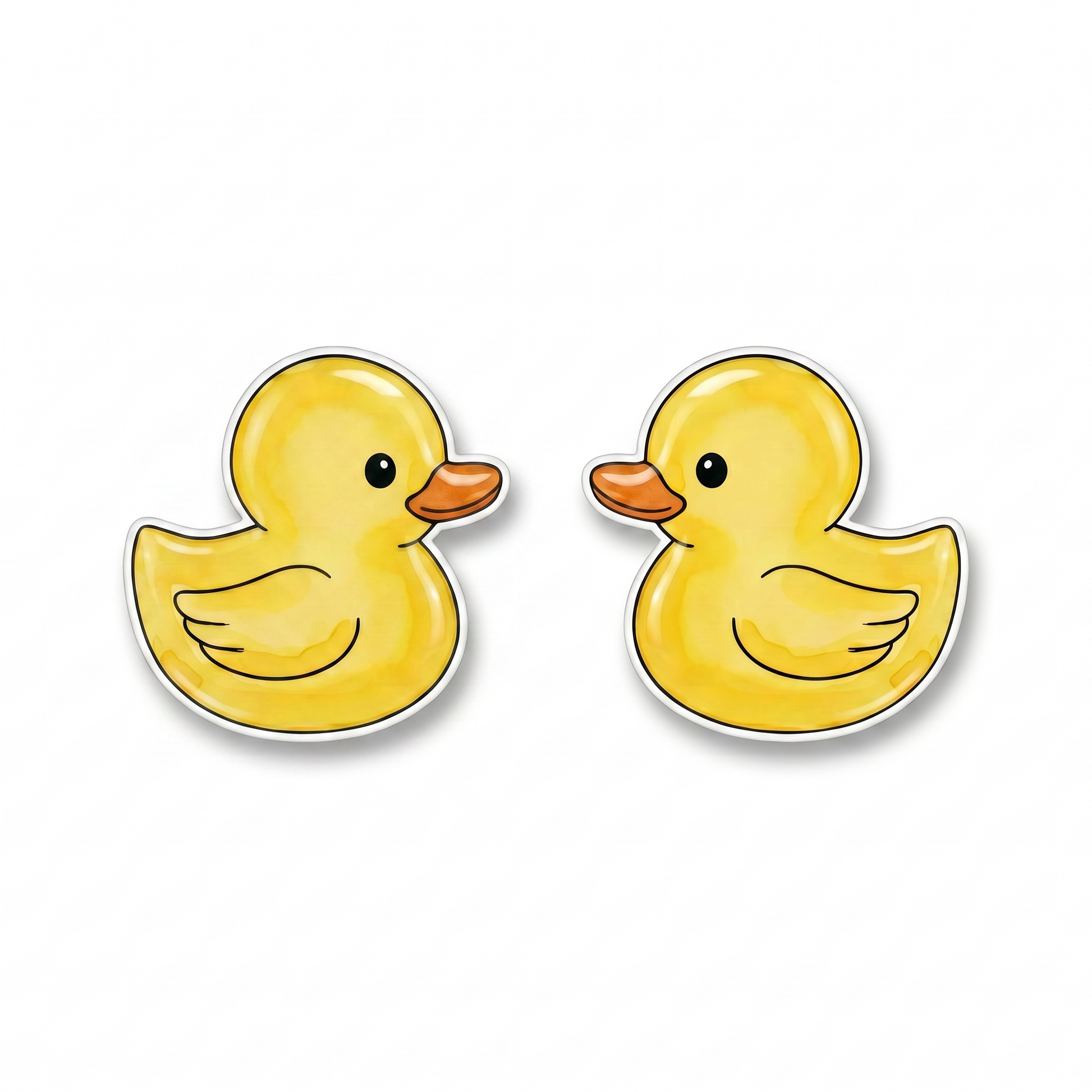 Two yellow rubber duck sticker shapes with orange beaks, shown side by side on a plain white background.