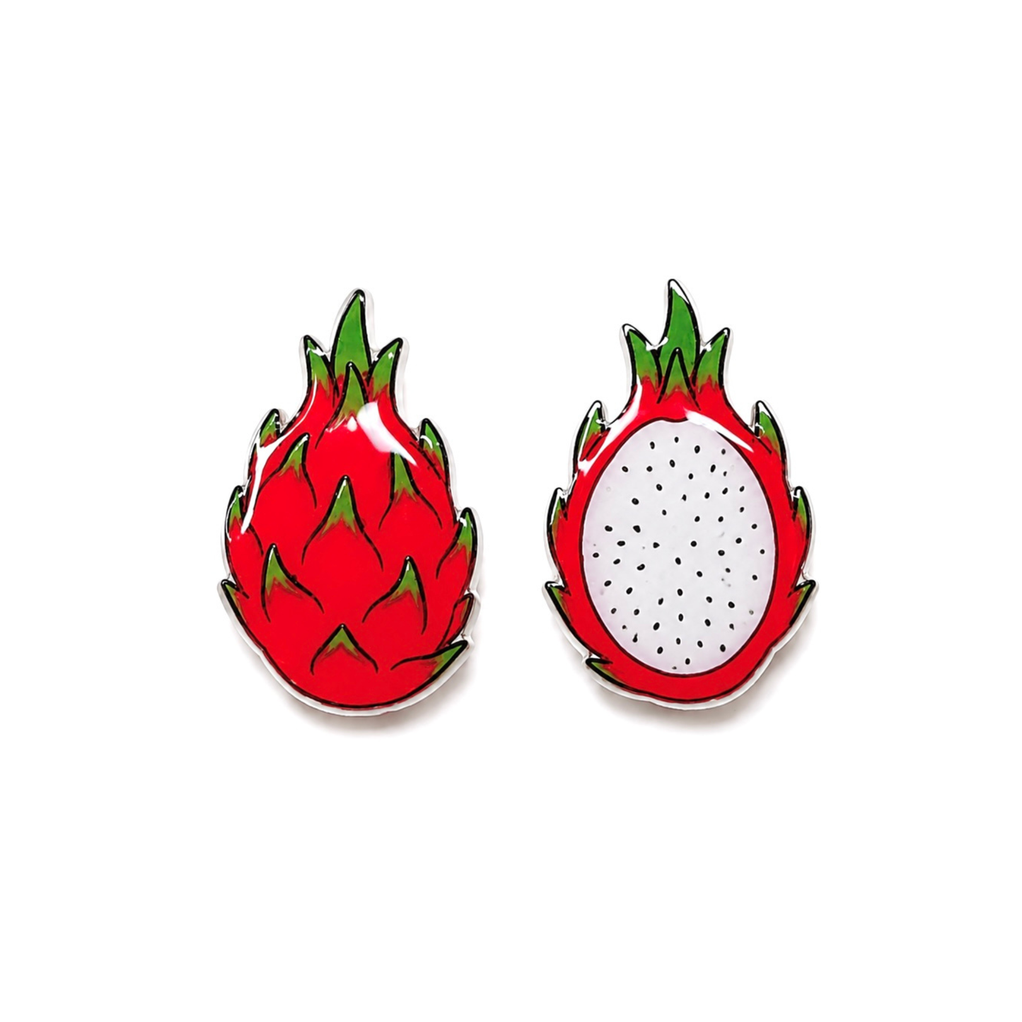 A pair of dragon fruit titanium stud earrings on a white background, one showing the red spiky exterior and the other showing the white interior with small black seeds.