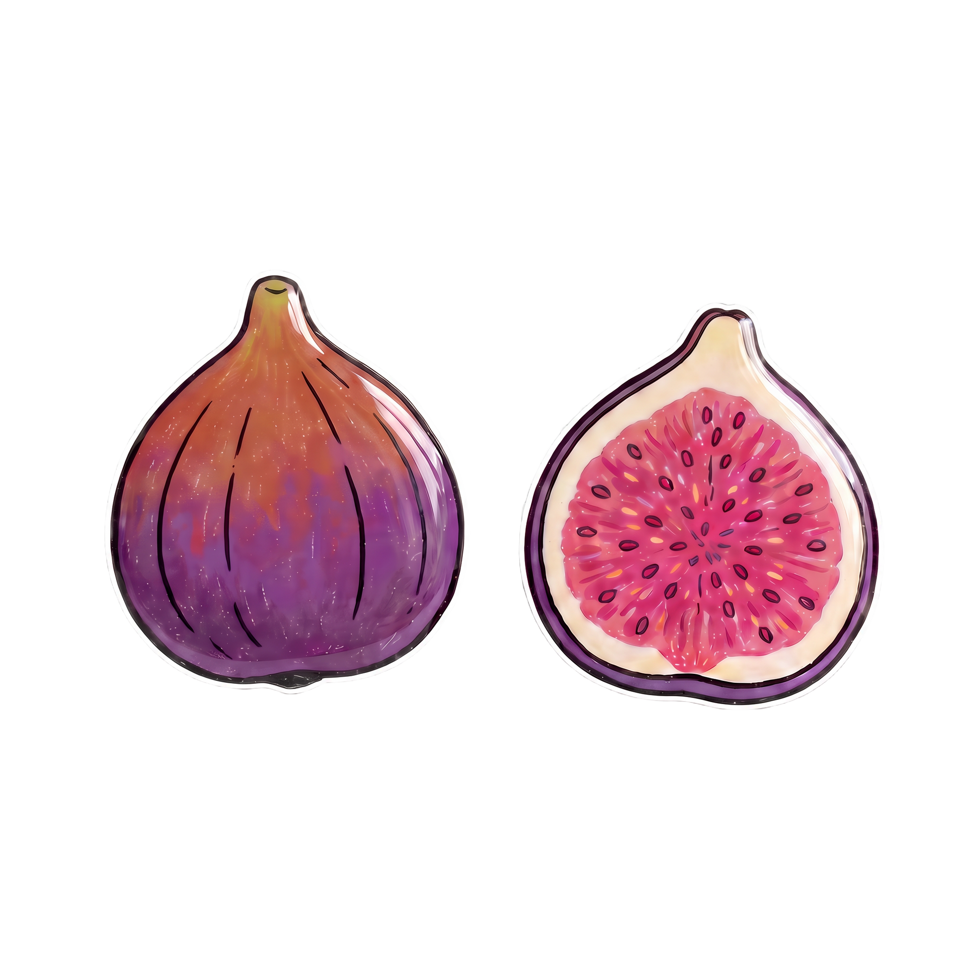 two fig titanium stud earrings on a plain white background, one whole fig showing a purple skin and the other half open showing pinkish-red pulp with small dark seeds.