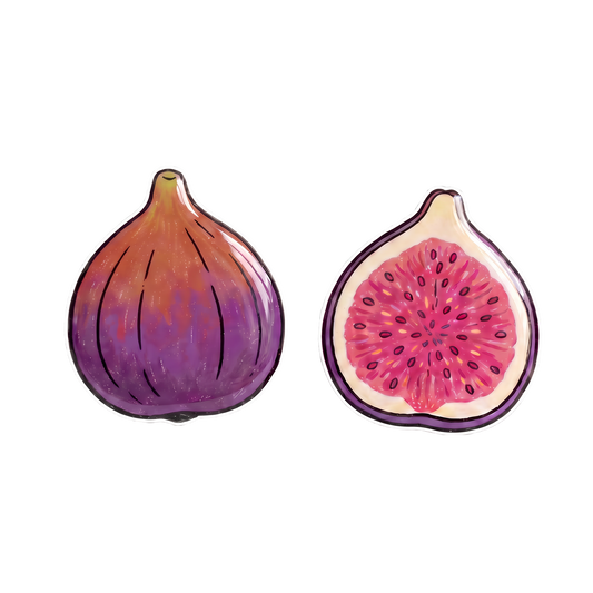 two fig titanium stud earrings on a plain white background, one whole fig showing a purple skin and the other half open showing pinkish-red pulp with small dark seeds.