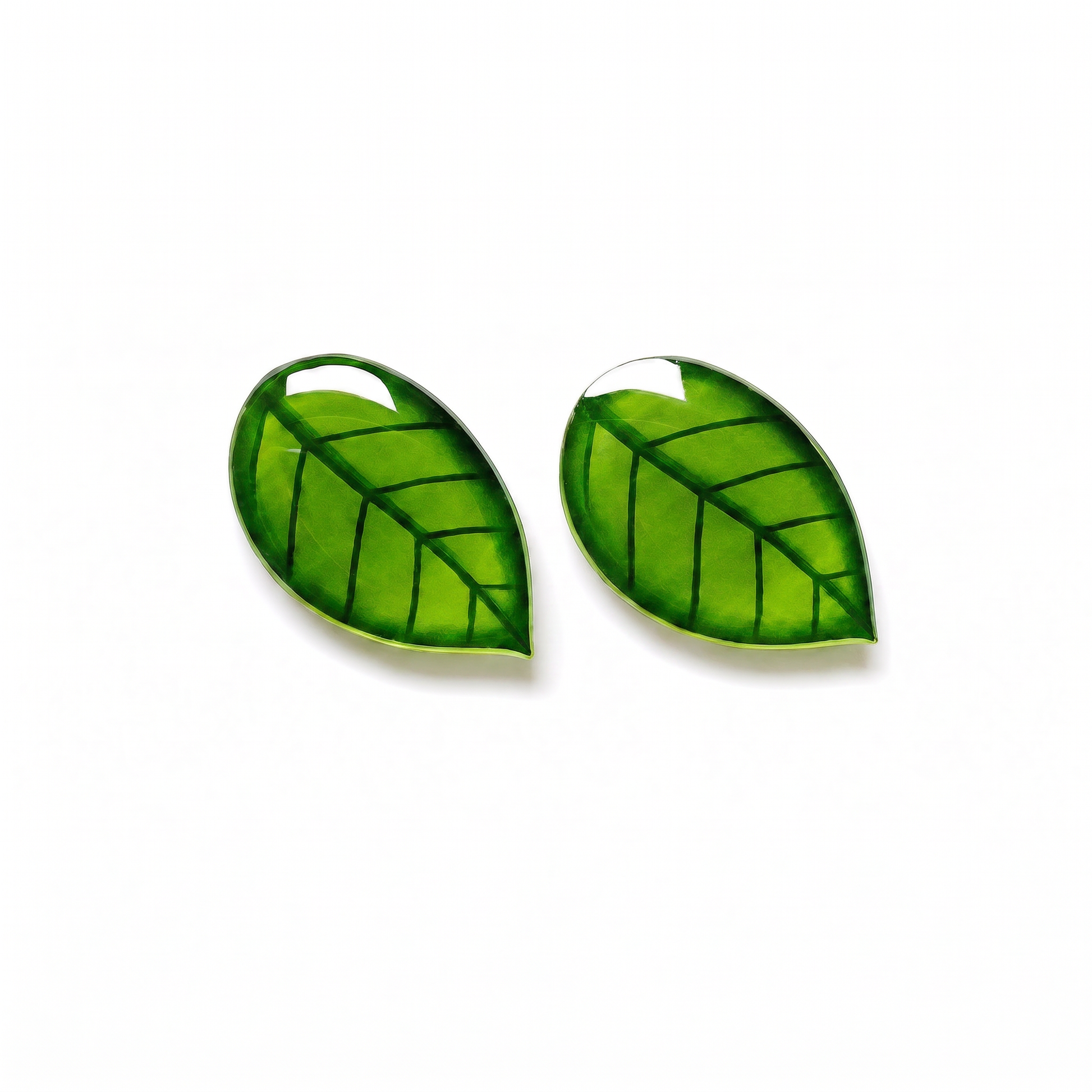 Pair of titanium stud earring with green leaf on white background