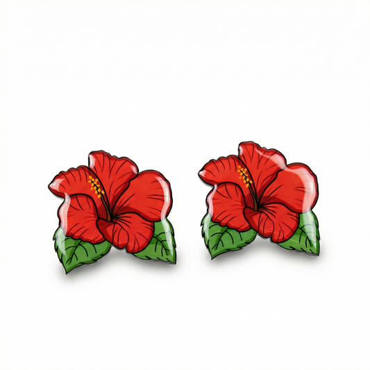 red hibiscus stud earrings with hypoallergenic titanium posts - nickel-free for sensitive ears, cute gift