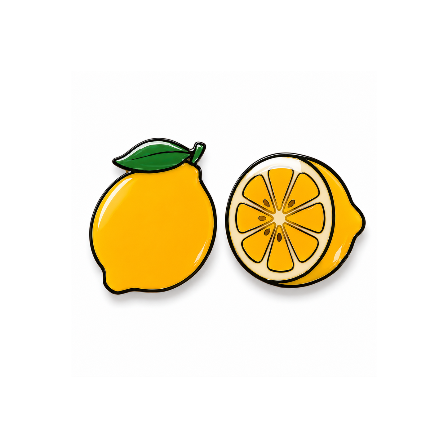 A pair of lemon-shaped titanium stud earrings on a white background, one showing the whole lemon with a green leaf and the other showing the cross-section with yellow segments.