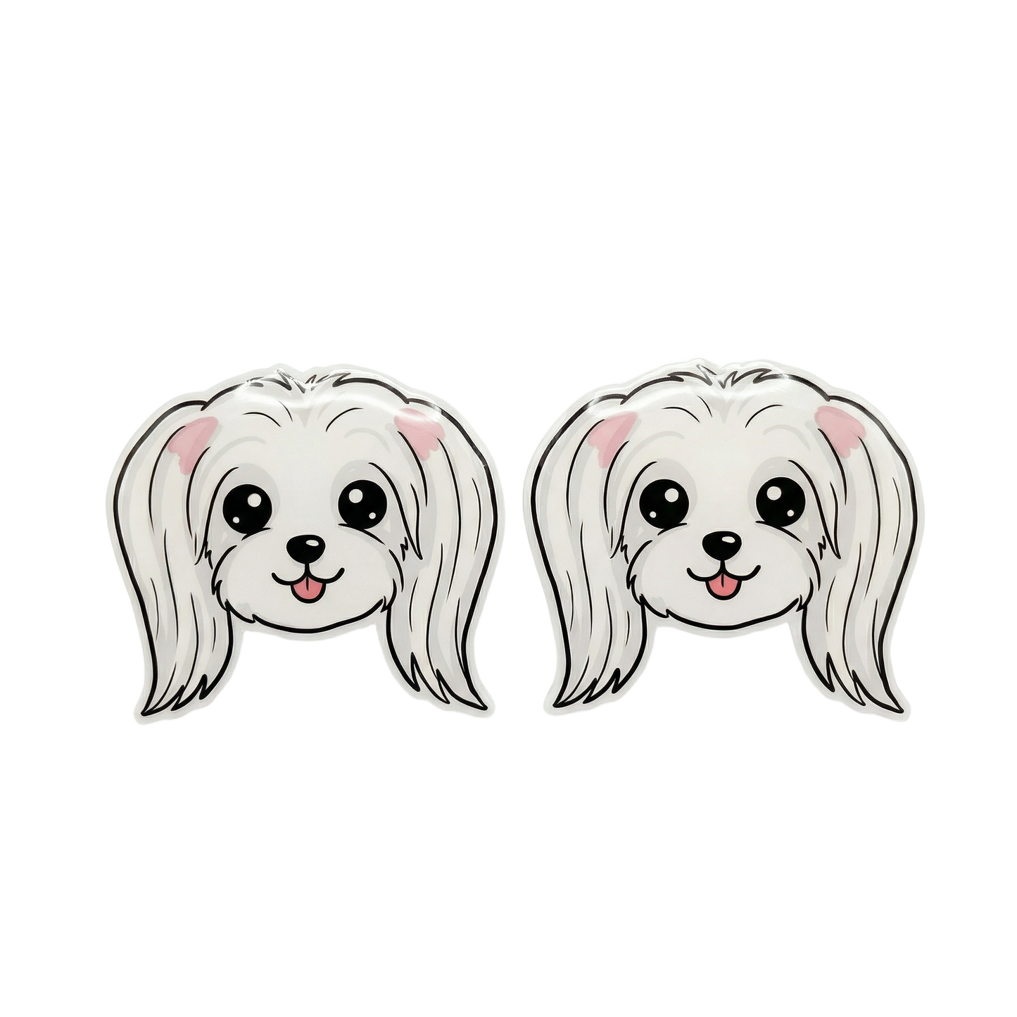 Two matching Maltese dog face accessories shown side by side on a plain white background. The design features a white fluffy dog head with black outlines, pink inner ears, and a small pink tongue sticking out.