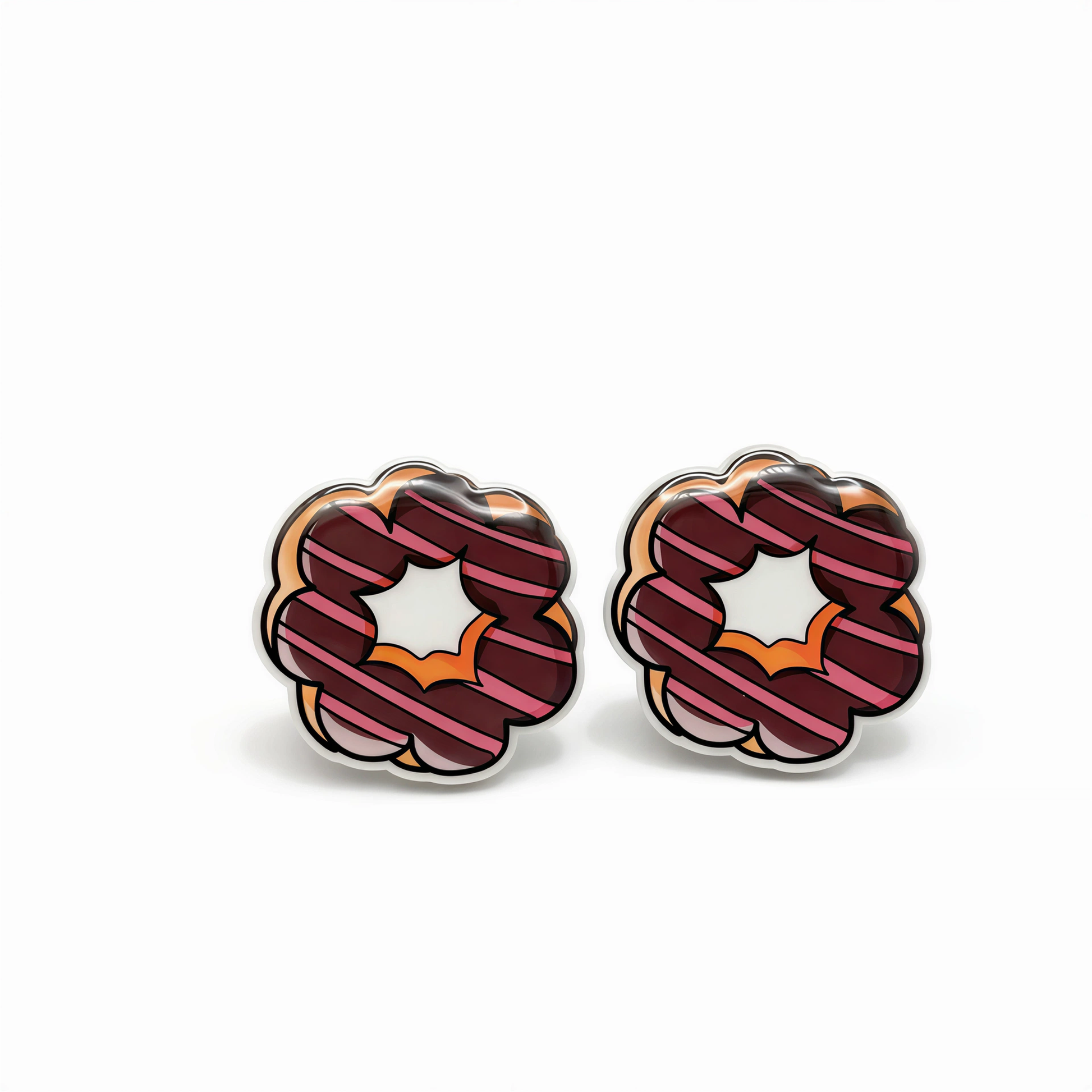 A pair of flower-shaped Mochi Donut titanium stud earrings with diagonal pink and burgundy stripes, an orange accent, and a white center, outlined in silver metal on a white background.