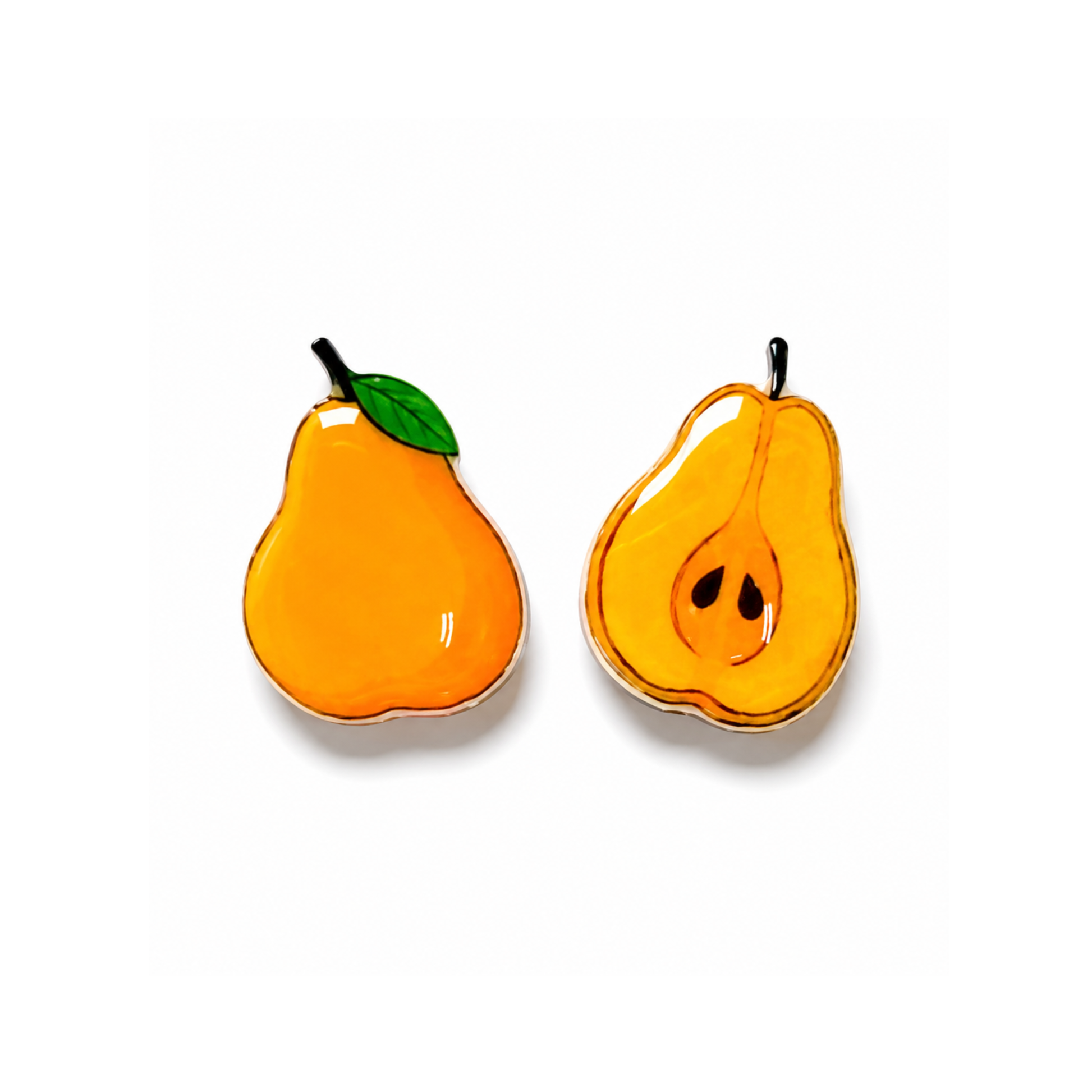 Two pear-shaped titanium stud earrings on a white background, one whole pear with a green leaf and stem, and one halved pear showing the seed cavity.