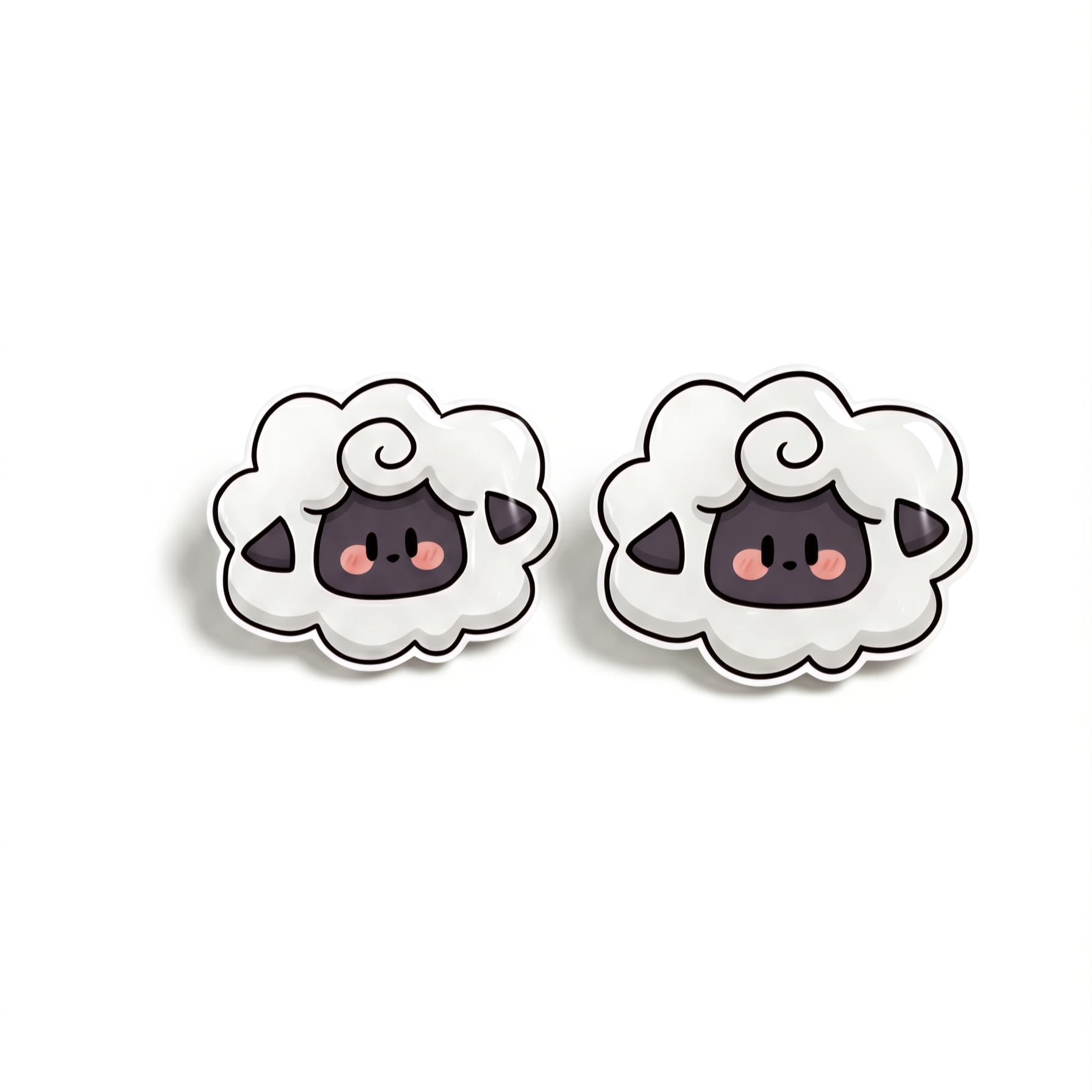 A pair of cute cartoon sheep stud earrings with fluffy white wool, dark gray faces, and pink cheeks on a clean white background.