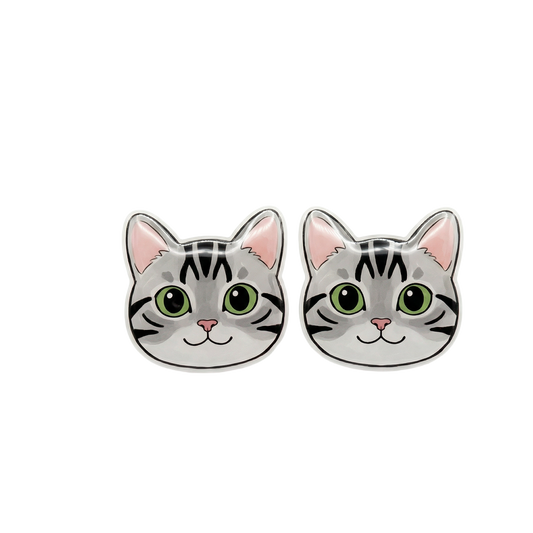 silver tabby cat stud earrings with green eyes with hypoallergenic titanium posts - nickel-free for sensitive ears, cute gift