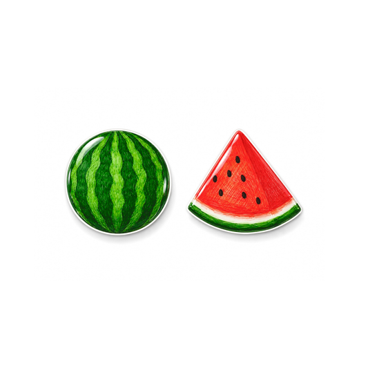 Two watermelon-themed stud earrings on a plain white background: one circular earring with a green striped watermelon pattern and one triangular wedge earring with red flesh, black seeds, and a green rind.