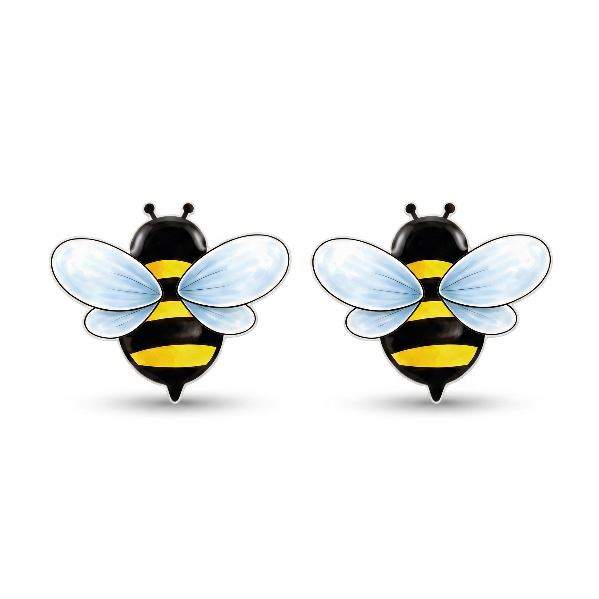 A pair of bee-shaped stud earrings with black and yellow striped bodies, light blue translucent wings, and small black antennae, shown on a plain white background.
