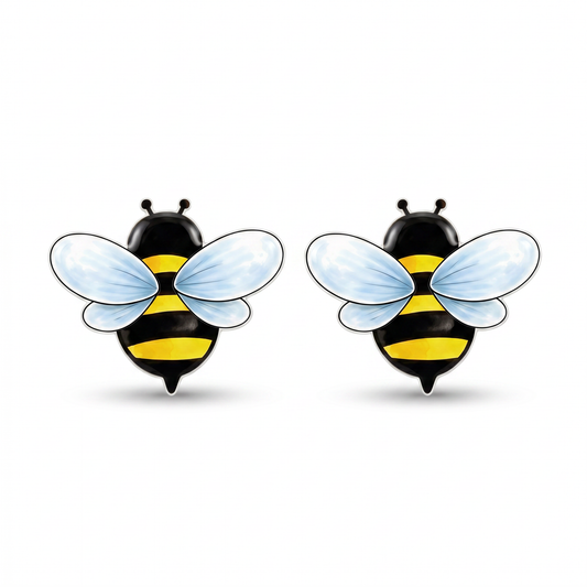 A pair of bee-shaped stud earrings with black and yellow striped bodies, light blue translucent wings, and small black antennae, shown on a plain white background.