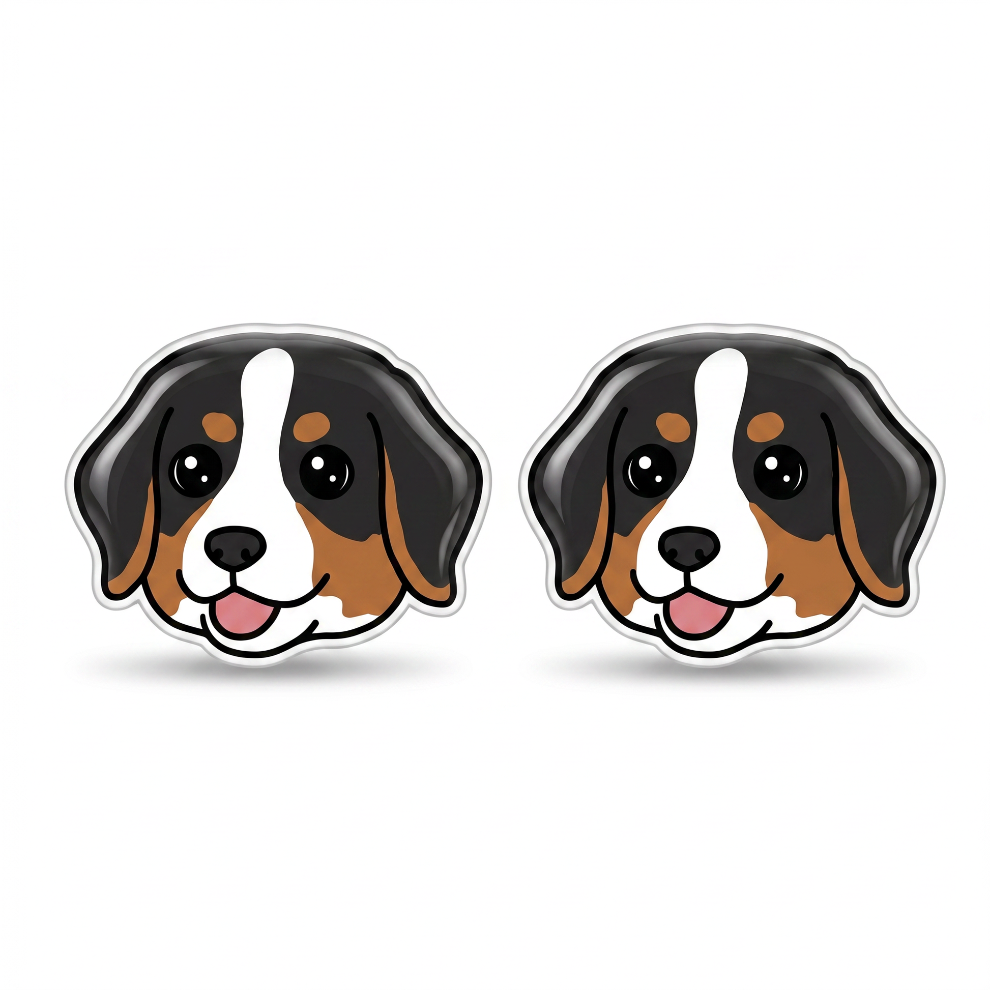 A pair of cartoon Bernese mountain dog stud earrings on a plain white background. The earrings feature a stylized dog face with black, white, and brown fur, with a small pink tongue sticking out, and are outlined in silver.