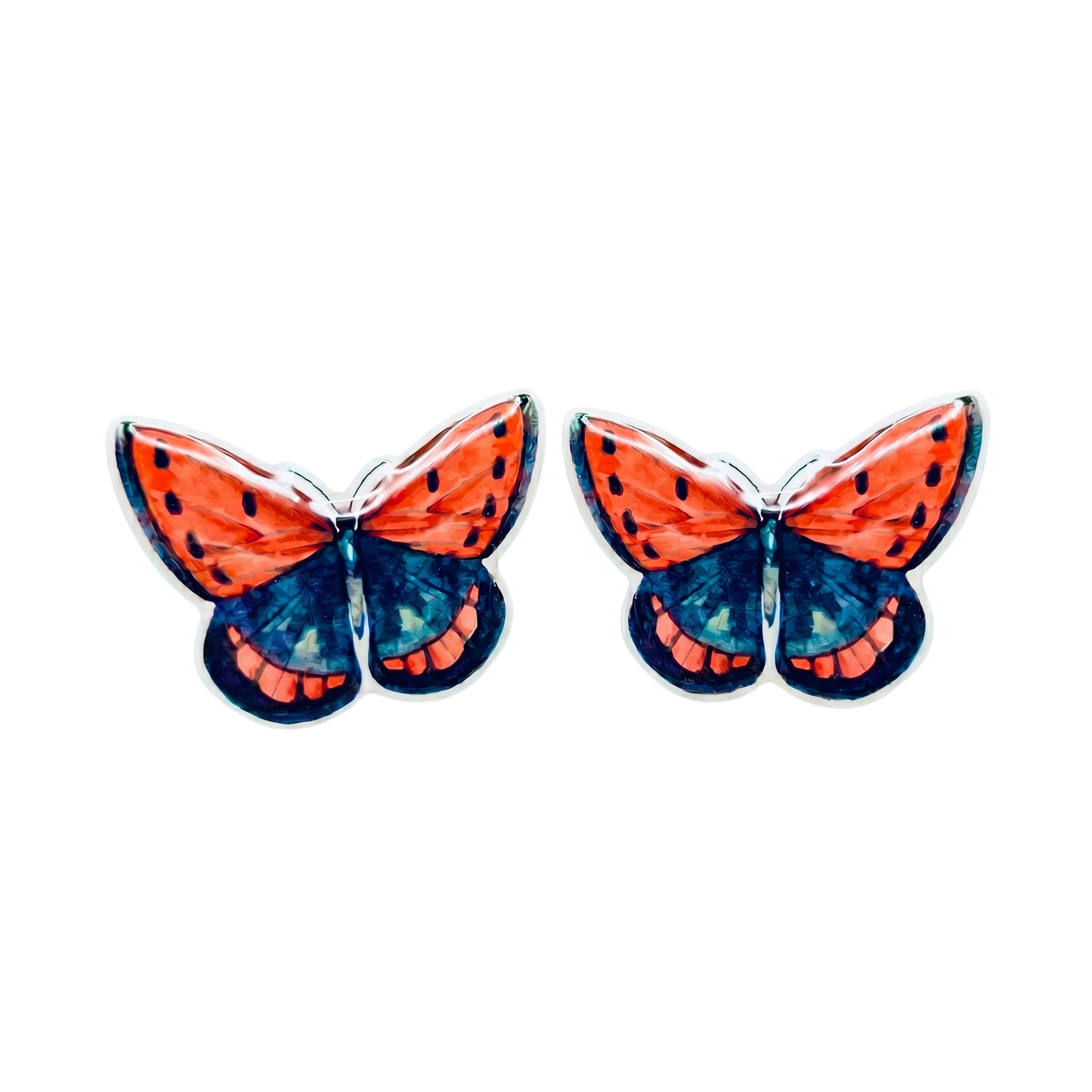 Blue orange butterfly titanium stud earrings handmade for sensitive ears