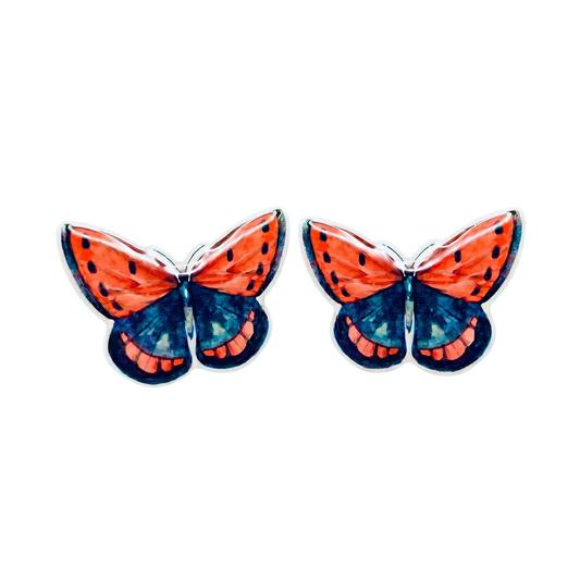 Blue orange butterfly titanium stud earrings handmade for sensitive ears