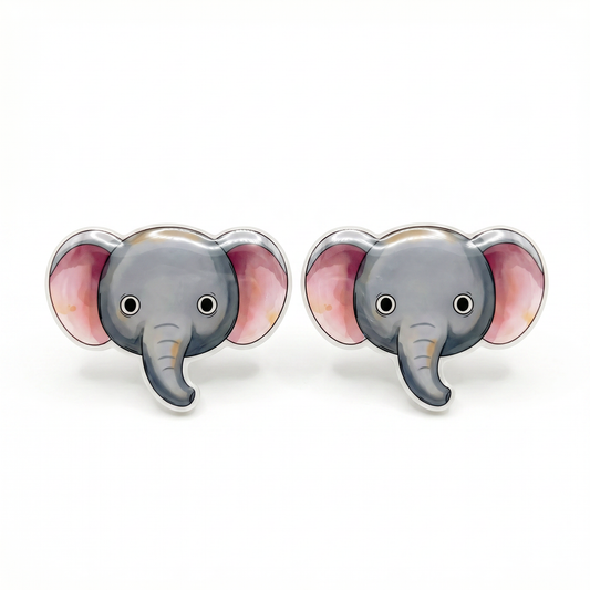 A pair of stud earrings shaped like cartoon elephant heads, featuring gray faces and trunks with pink inner ears and silver-tone edges, shown on a plain white background.