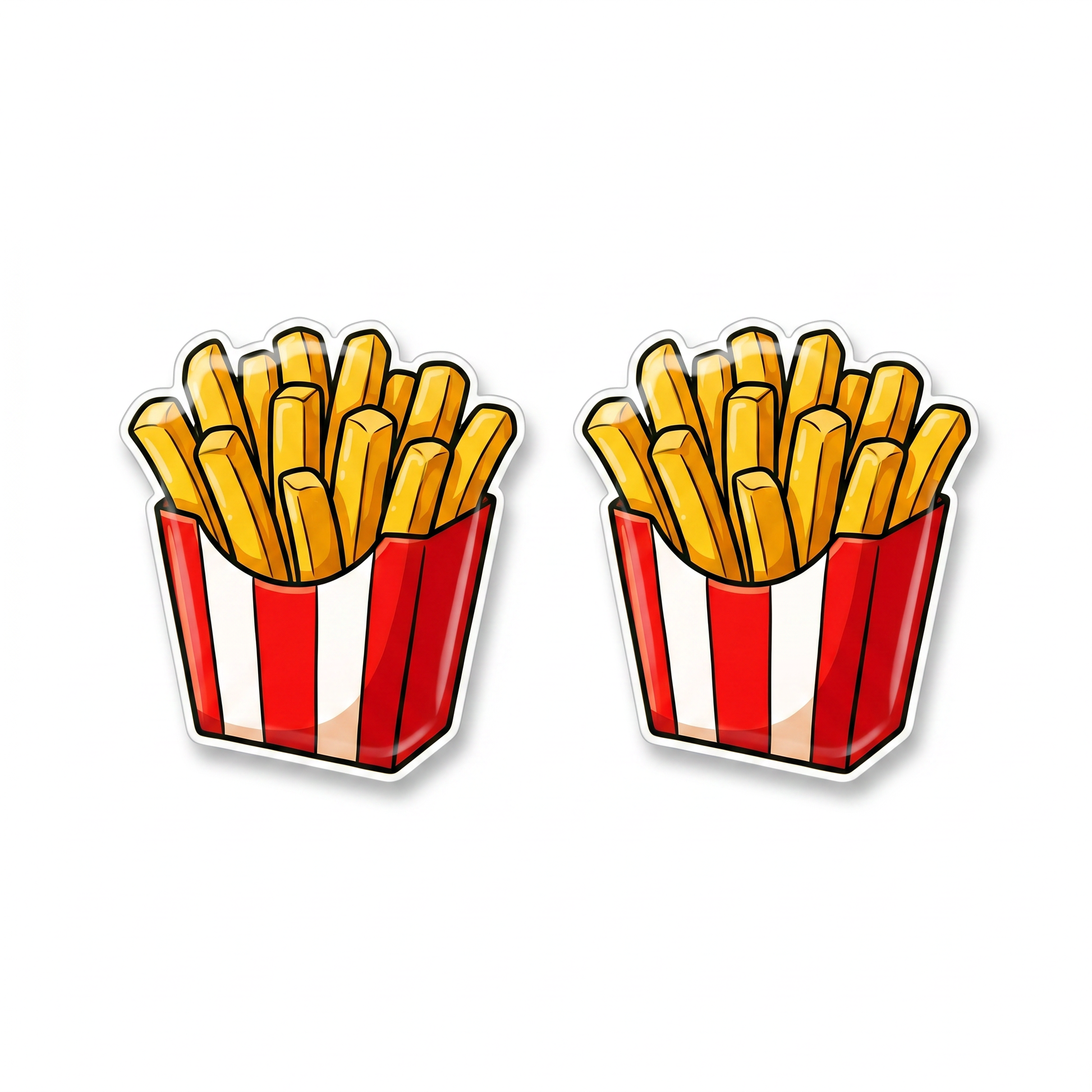 A Pair of titanium stud earrings cartoon-style french fries in red-and-white striped paper containers, shown side by side on a plain white background.