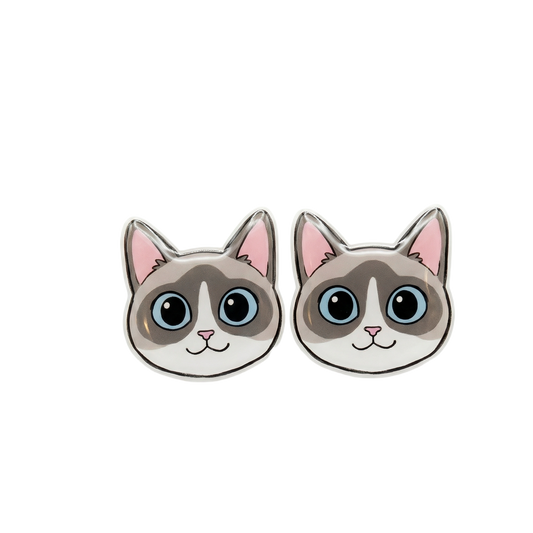 A pair of Snowshoe / Ragdoll cat-face stud earrings with gray and white fur, blue eyes, pink inner ears, and a silver-tone metal border, shown on a plain white background.