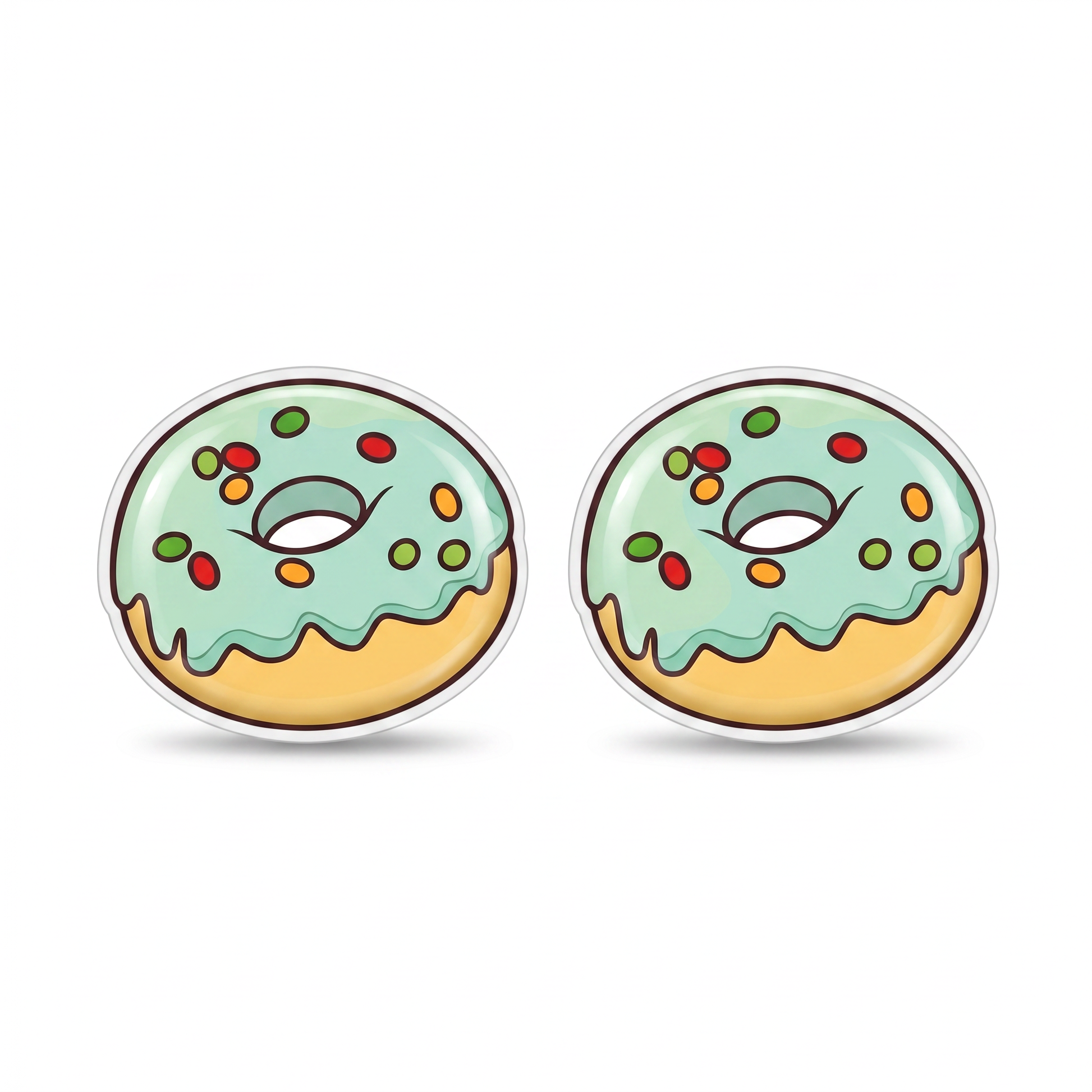 A pair of donut-shaped titanium stud earrings with mint green frosting, colorful sprinkles, and a golden-yellow filling, shown on a plain white background.