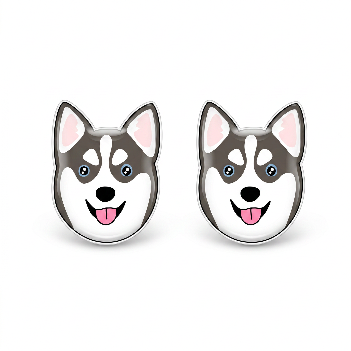 A pair of oval stud earrings featuring cartoon husky dog faces with gray, white, pink, and blue details, displayed on a clean white background.