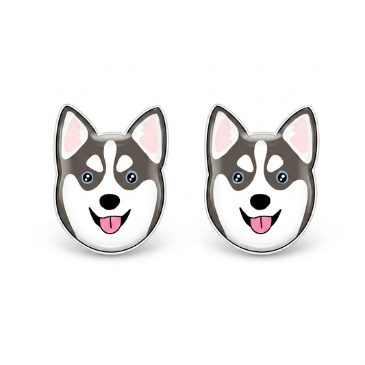 A pair of oval stud earrings featuring cartoon husky dog faces with gray, white, pink, and blue details, displayed on a clean white background.