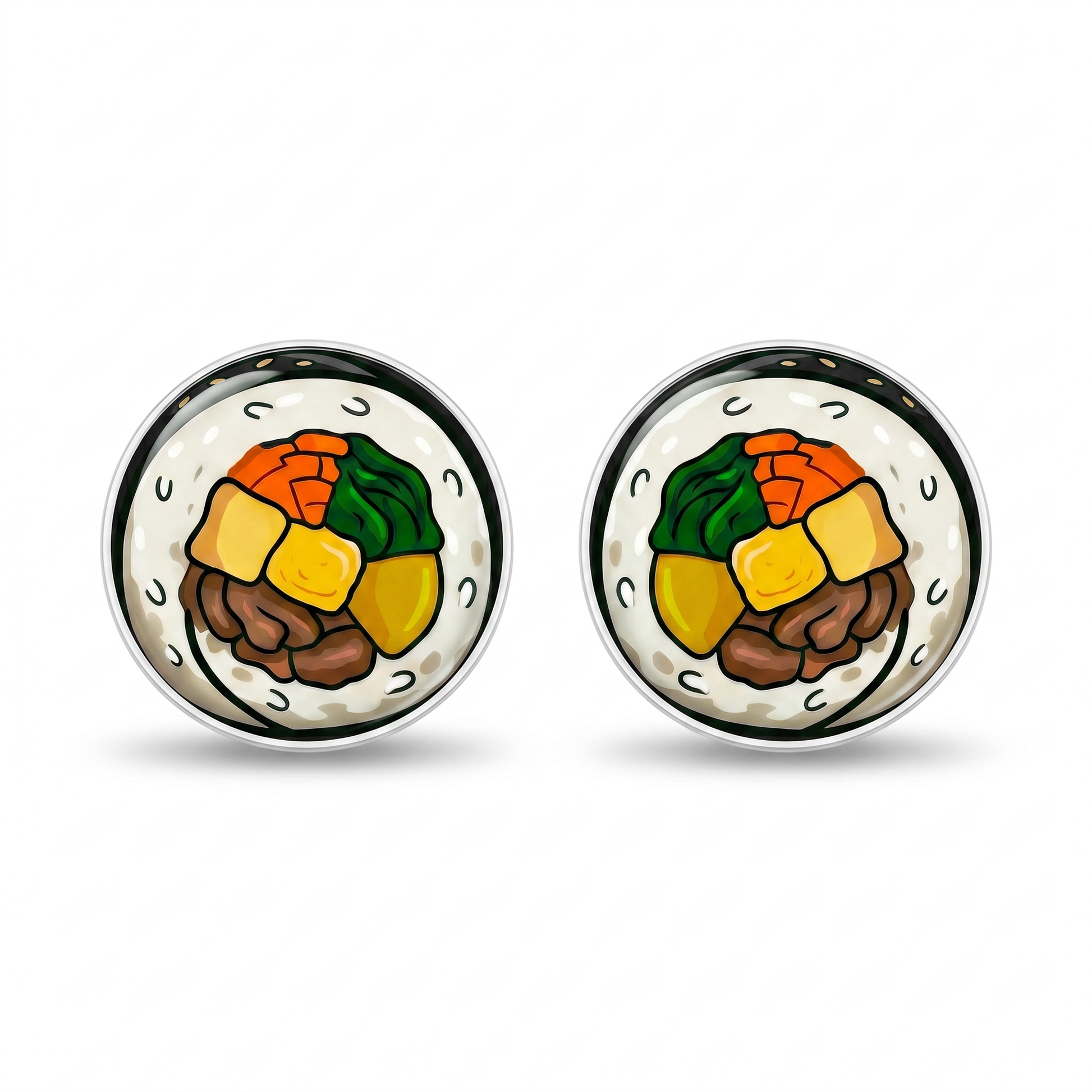 A pair of round titanium stud earrings featuring a colorful cartoon sushi design with rice, vegetables, and filling, set in a silver-tone metal frame on a white background.