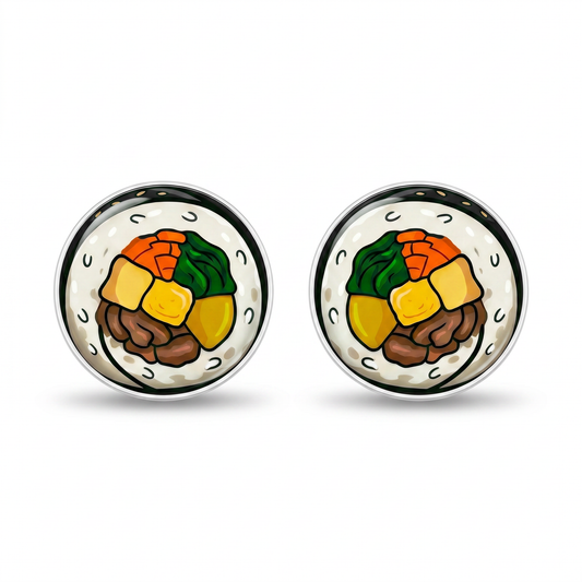 A pair of round titanium stud earrings featuring a colorful cartoon sushi design with rice, vegetables, and filling, set in a silver-tone metal frame on a white background.