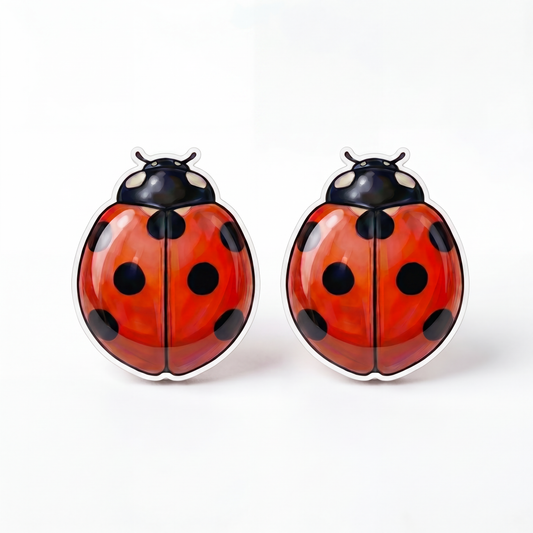 A pair of ladybug-shaped stud earrings on a clean white background. The earrings feature glossy red bodies with black spots, black heads, and silver-colored metal borders.