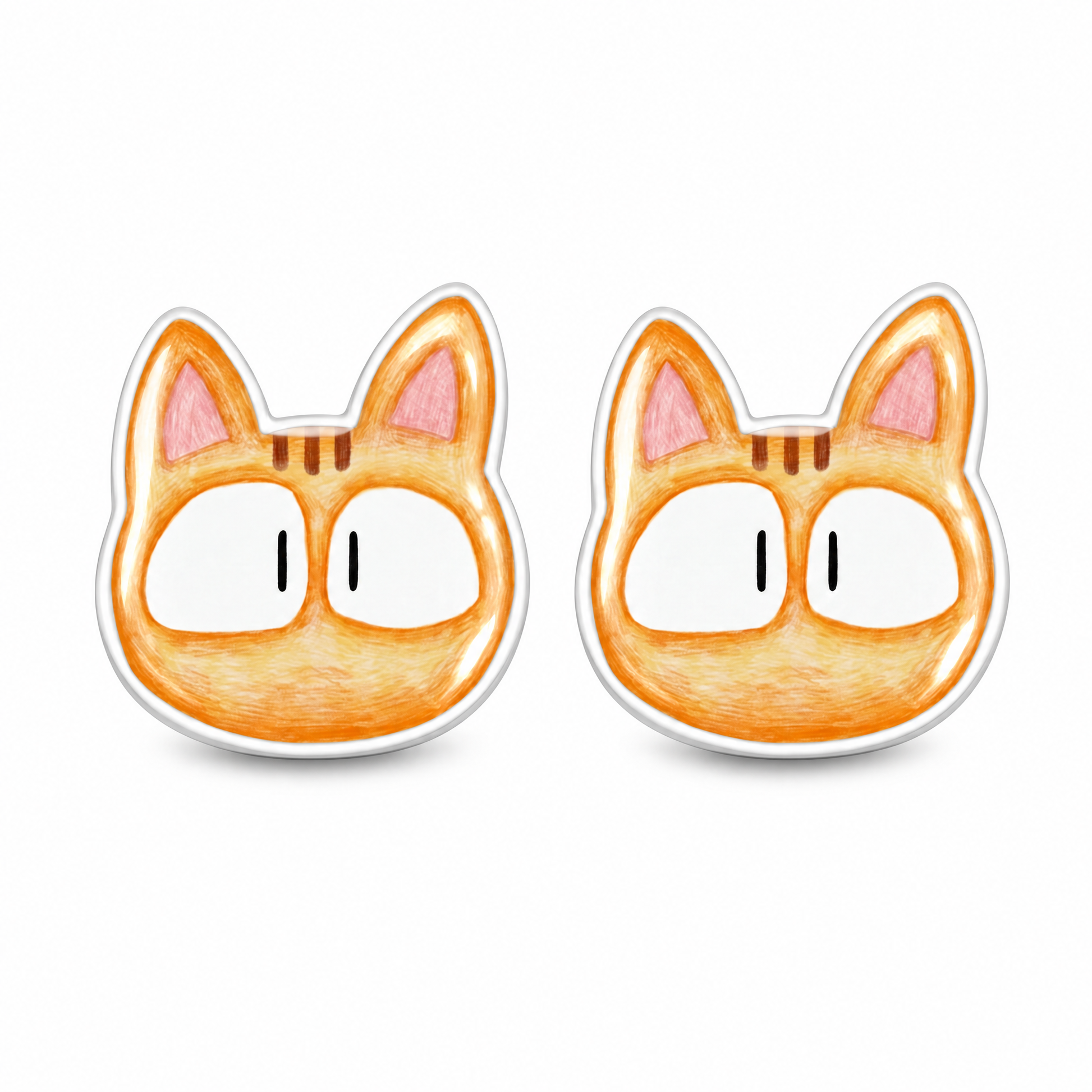 A pair of cartoon cat head stud earrings in orange, white, and pink, shown on a plain white background.