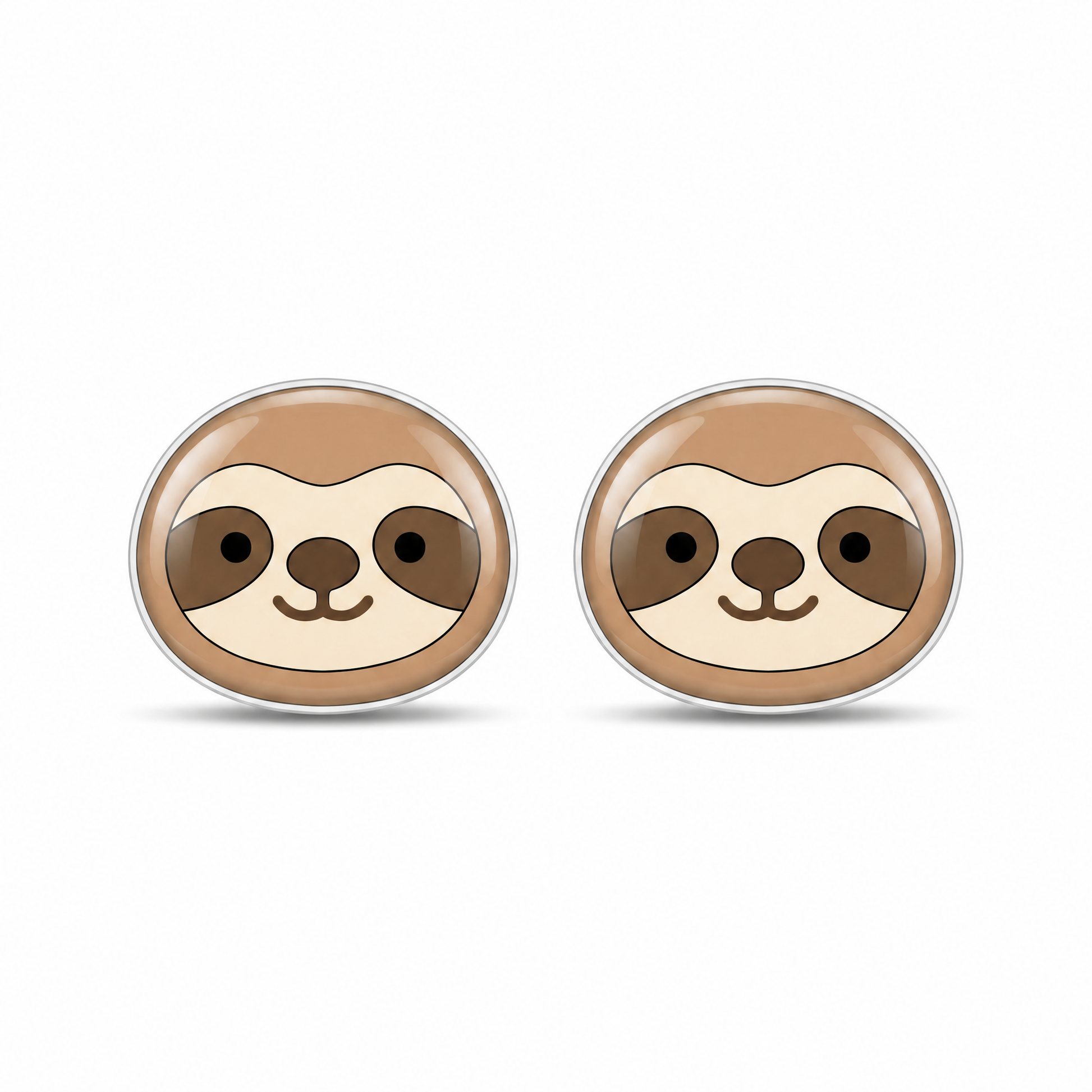 A pair of oval stud earrings featuring a cute cartoon sloth face design in shades of brown, beige, and black, set in a silver-toned metal on a white background.