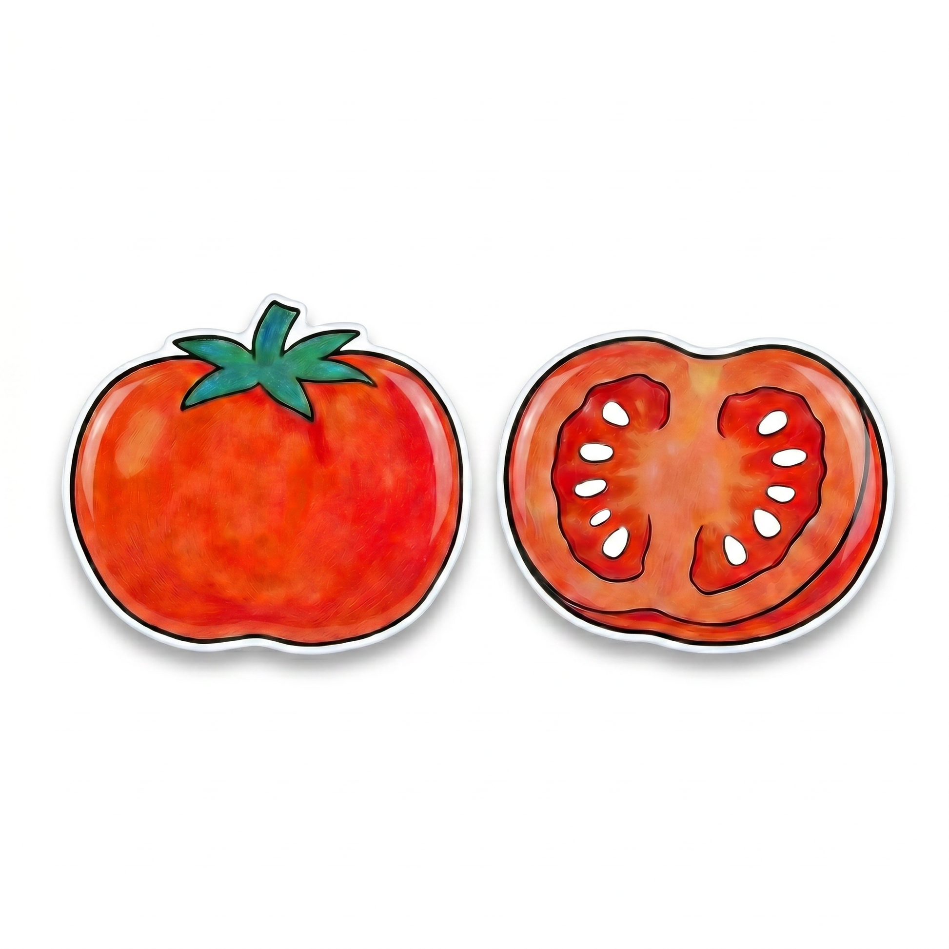 Two tomato-shaped titanium stud earrings on a white background, one showing a whole tomato with a green stem and the other showing a cross-section of a tomato.